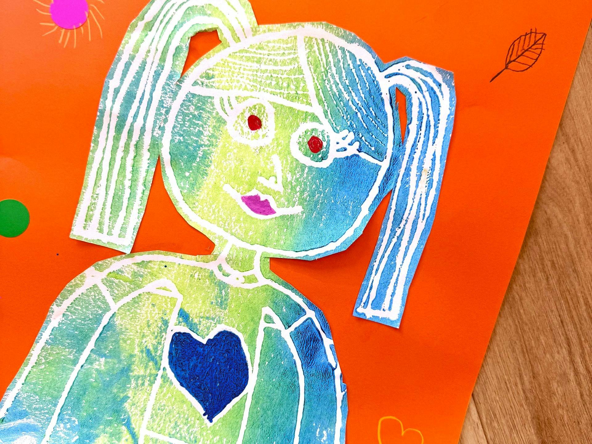 Picture of a bright-coloured artwork. Artwork is a portrait print of a girl in orange and blue