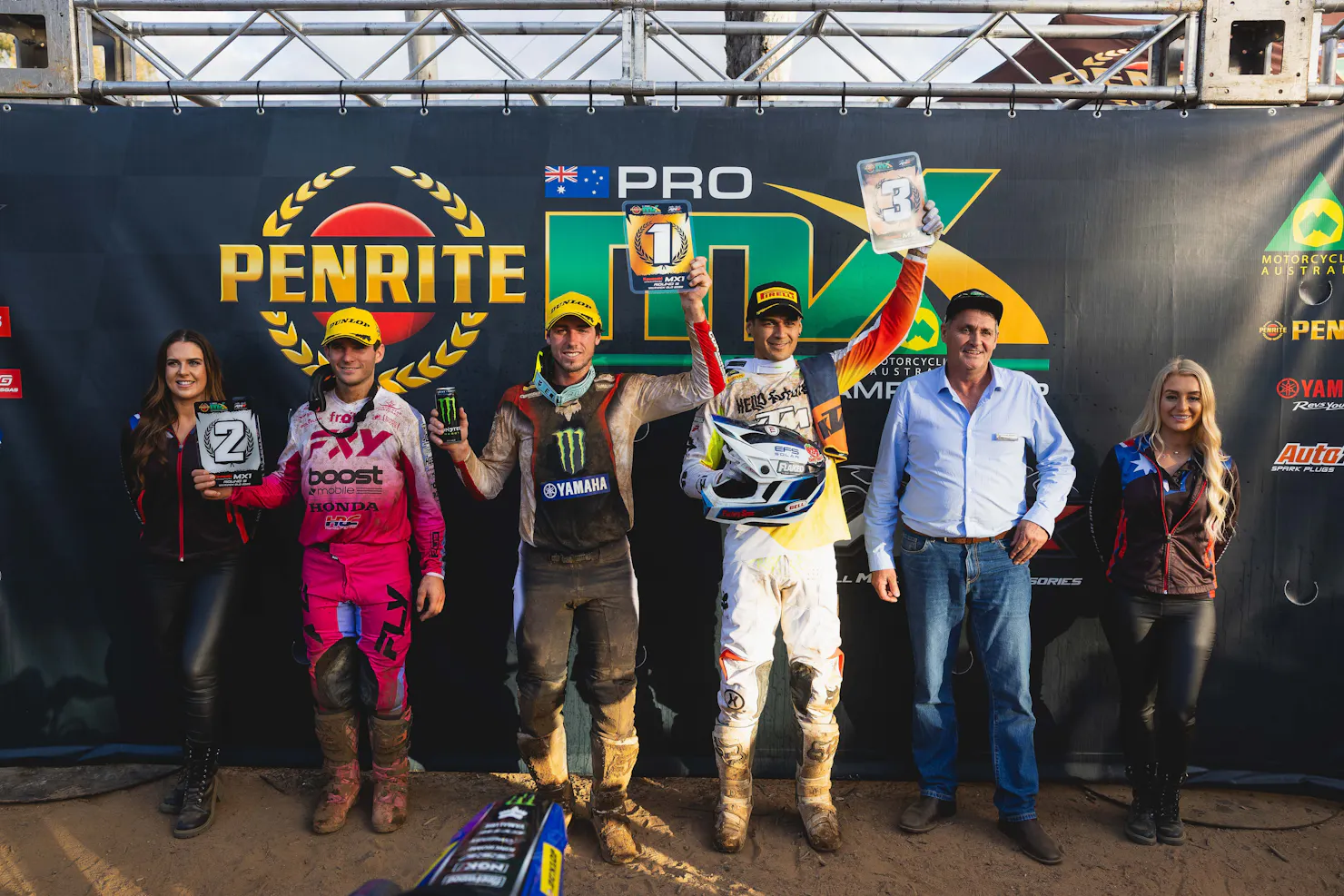 Riders celebrate at the MX1 podium