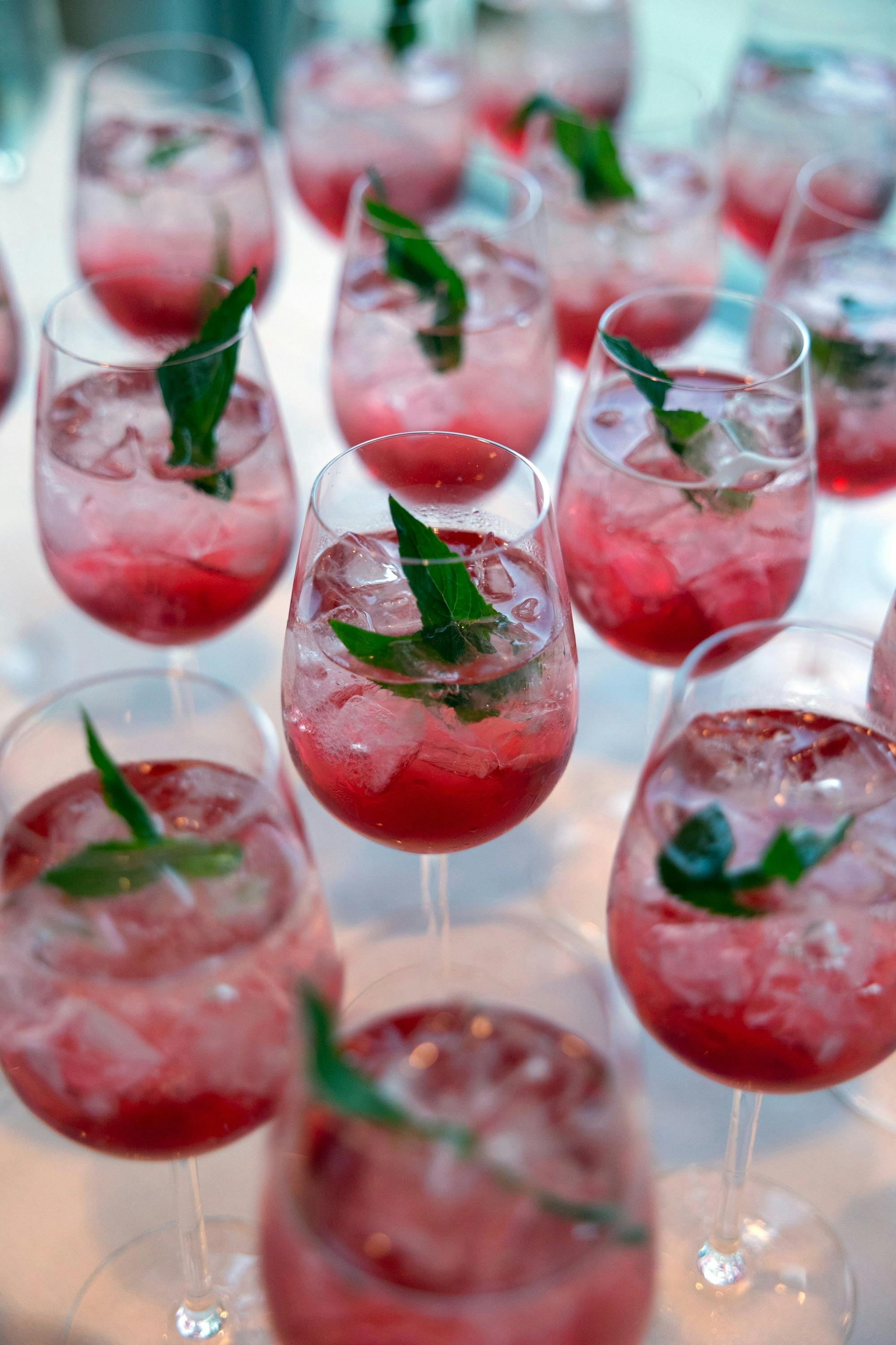 Pink cocktails with mint leave as decoration.