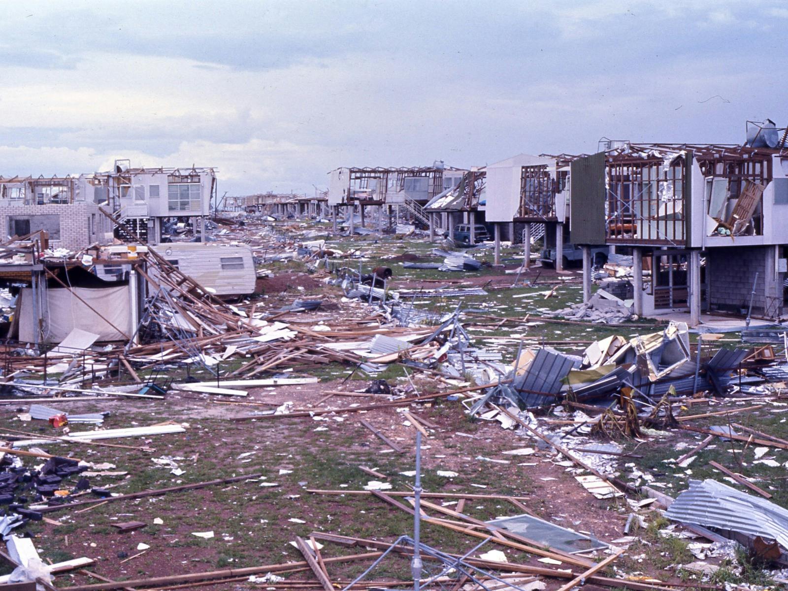 Destroyed land and housing after a natural disaster