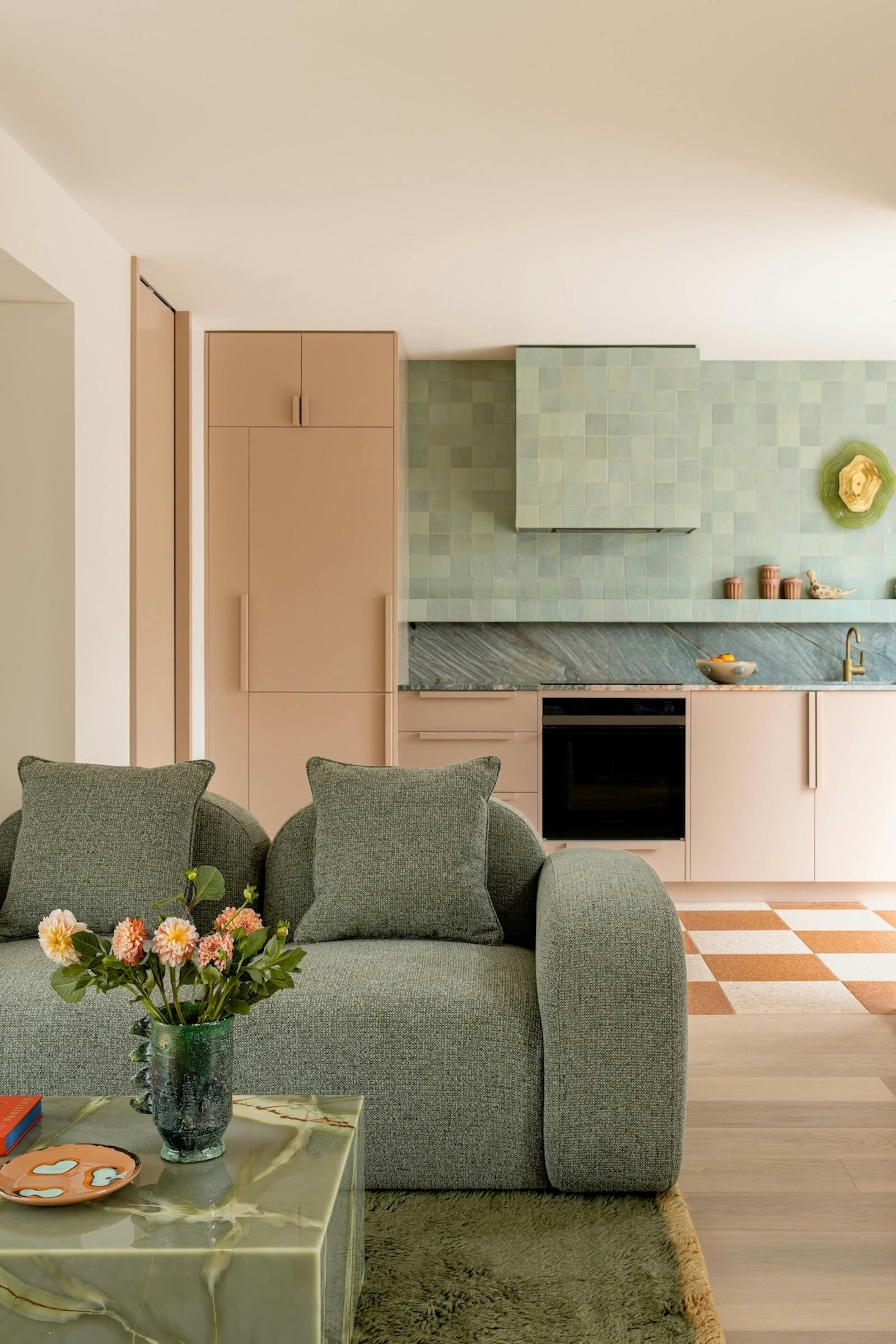 A green and caramel living space