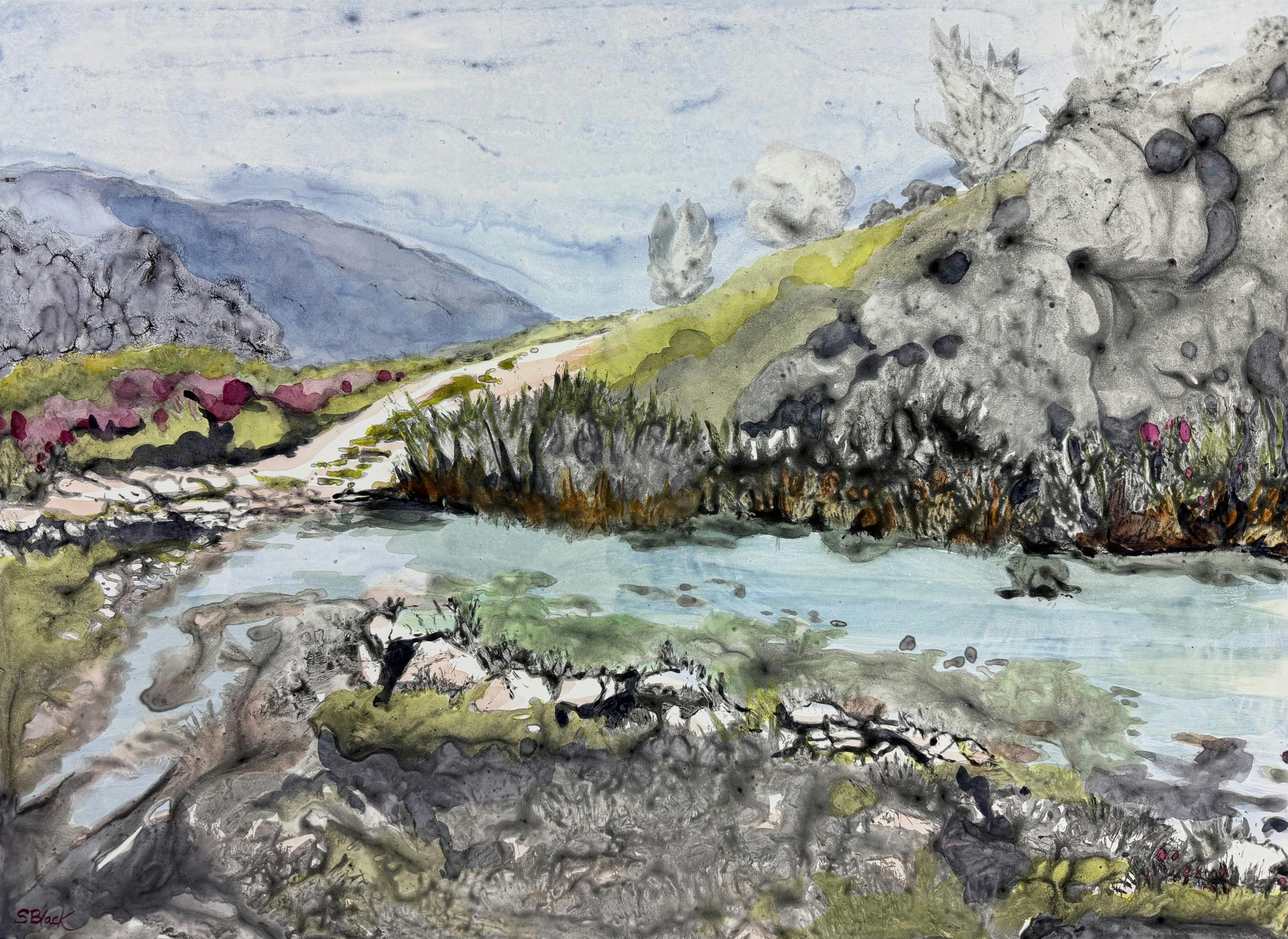 A landscape painting with a river and hills