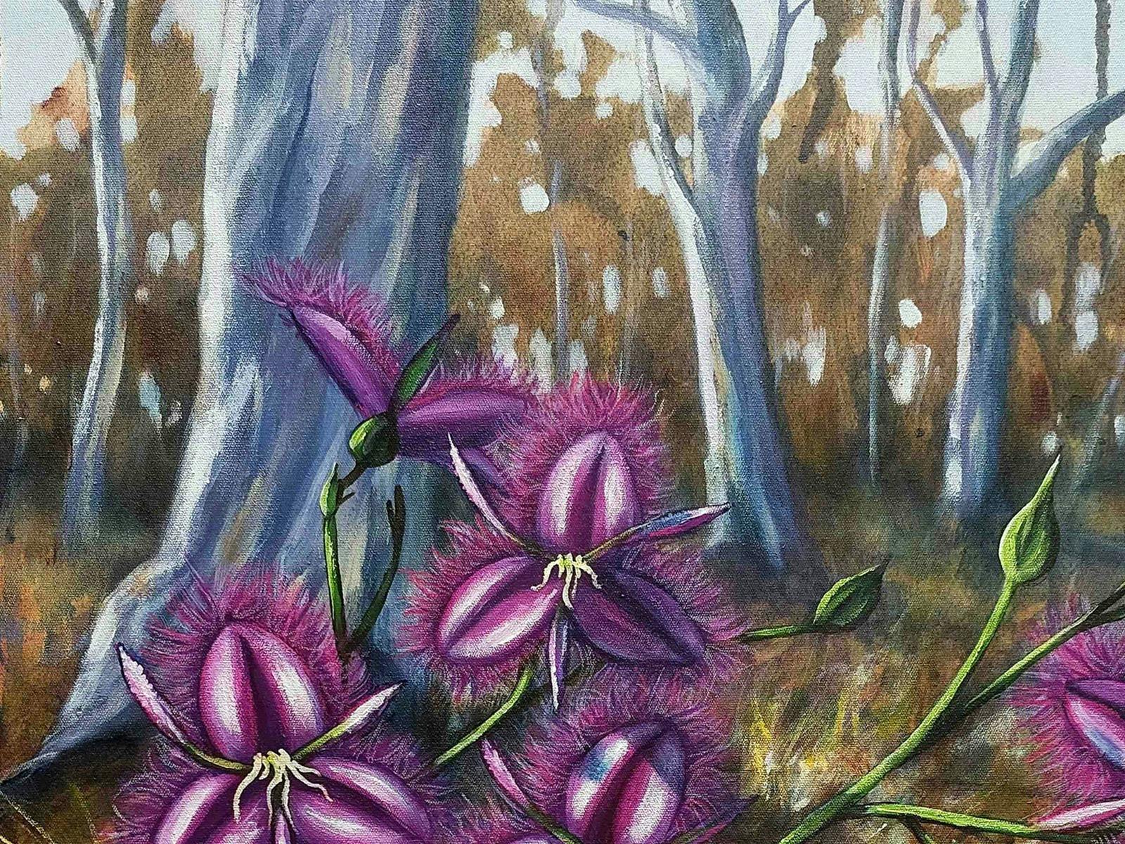 Gum trees and purple lilies in the bush acrylic painting