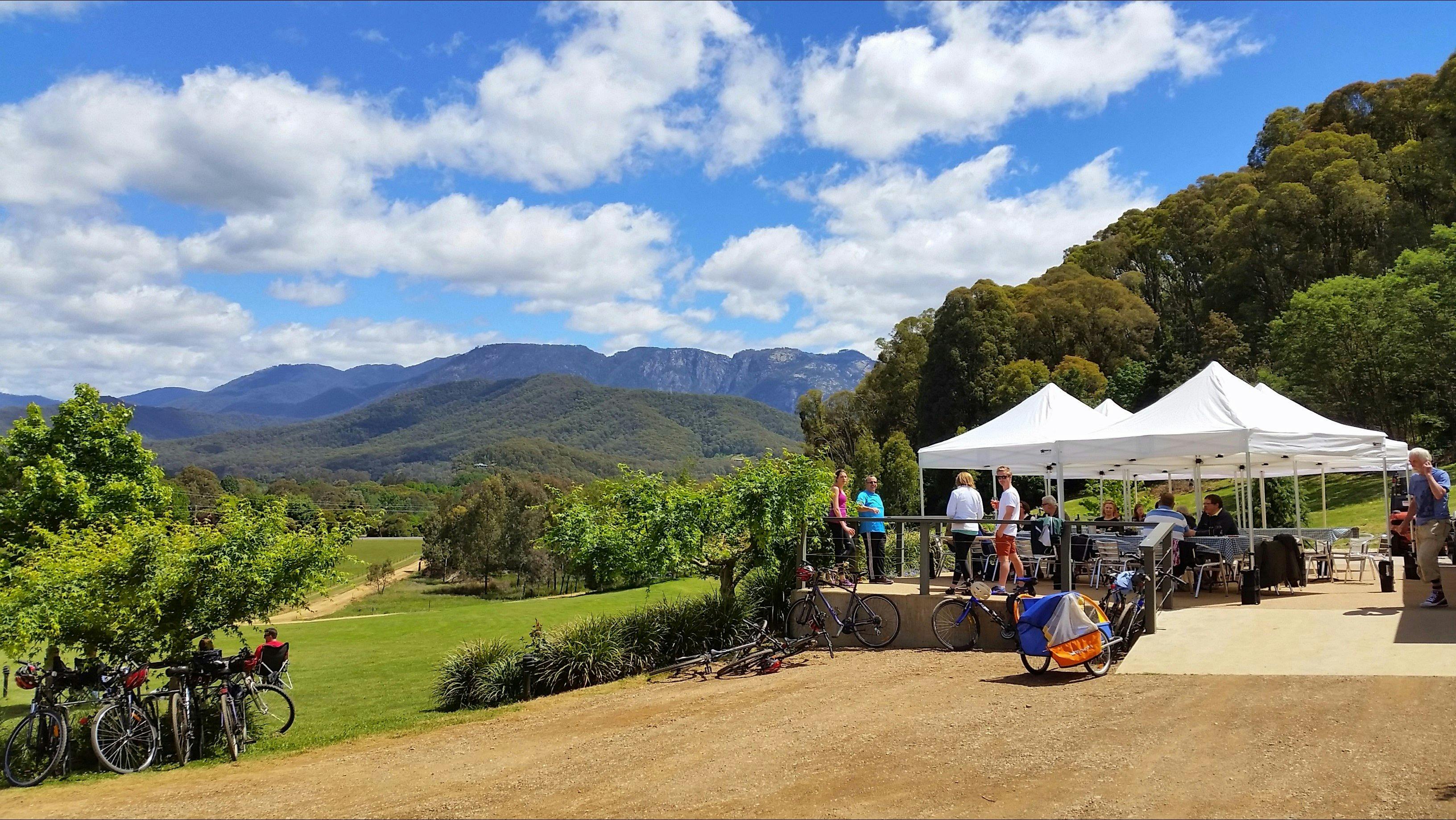 Lunch and views on weekend cycling tour on Murray to Mountains Rail Trail