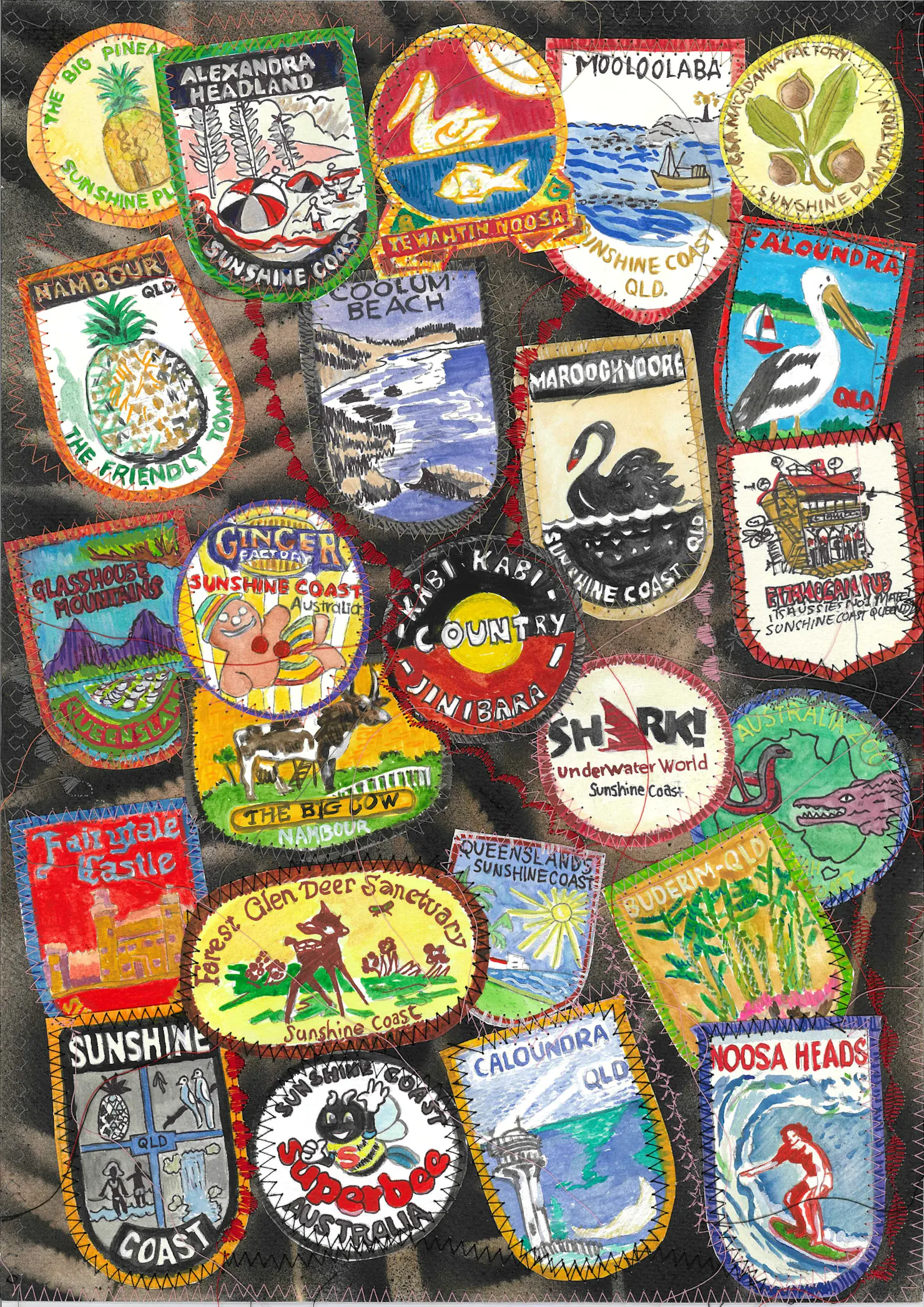 Mixed media artwork of Sunshine Coast-themed cloth patches