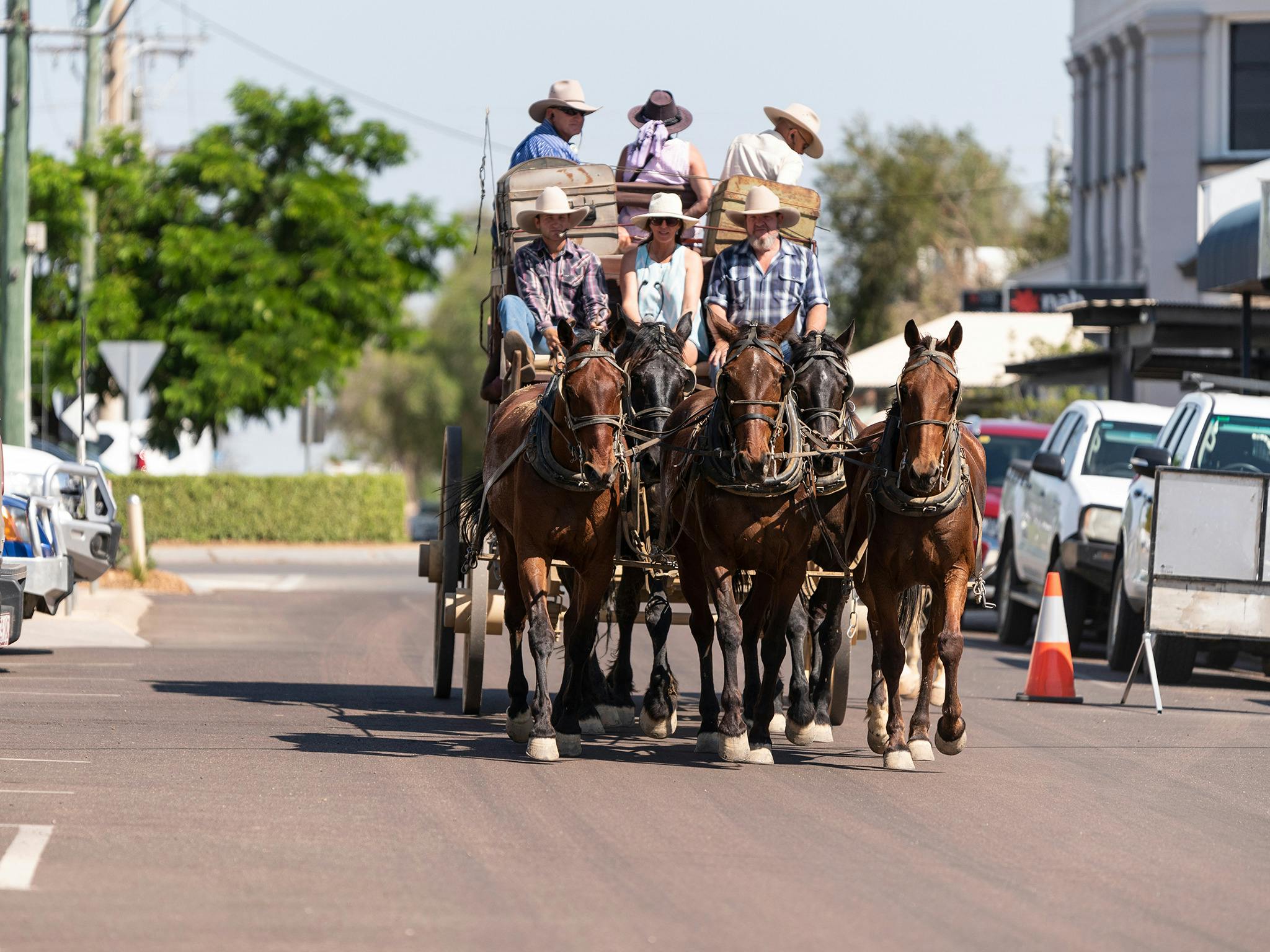 See Longreach main street aboard a Cobb and Co Stagecoach