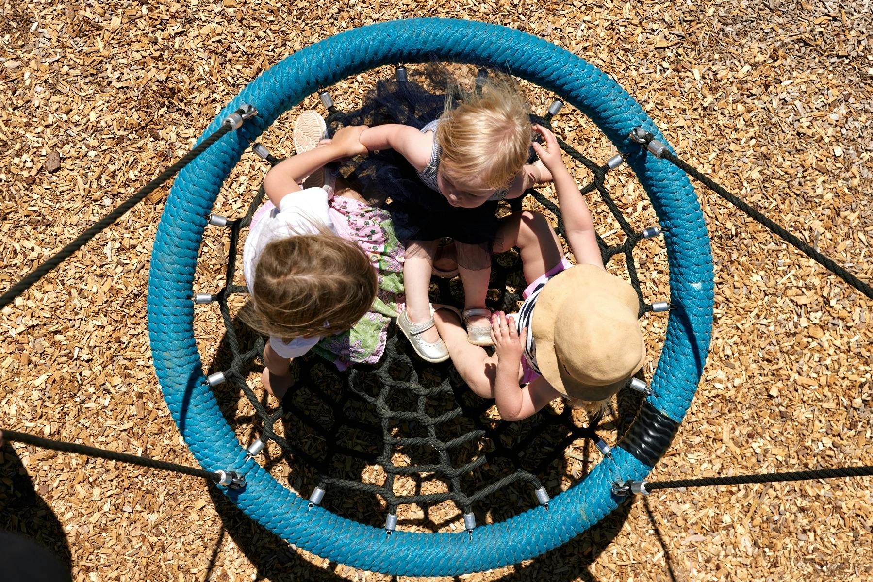 Kids on nest swing, richardson park playspace at Sevenhill