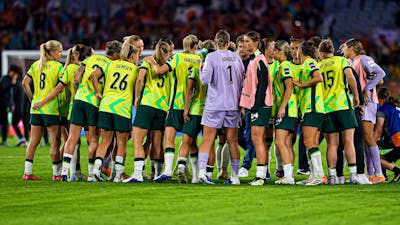 CommBank Matildas in a team huddle