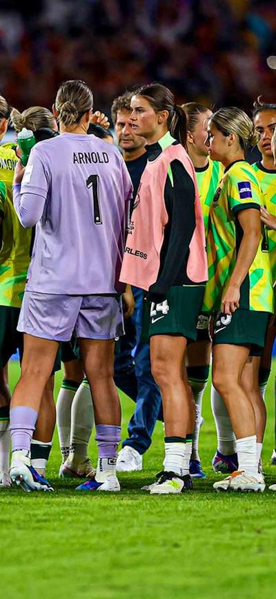 CommBank Matildas in a team huddle