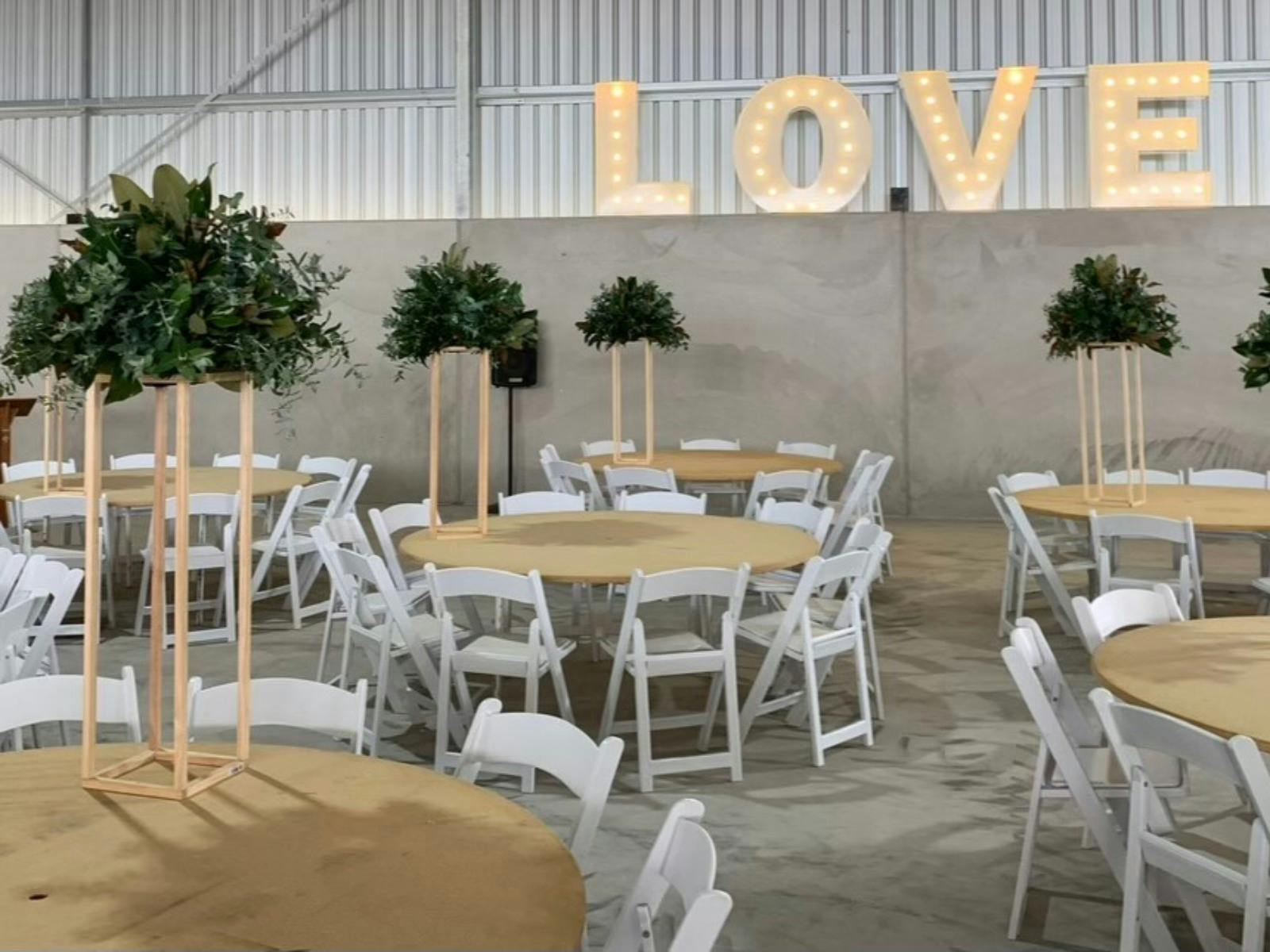 Large LOVE LED Letters with chairs &  timber plinths