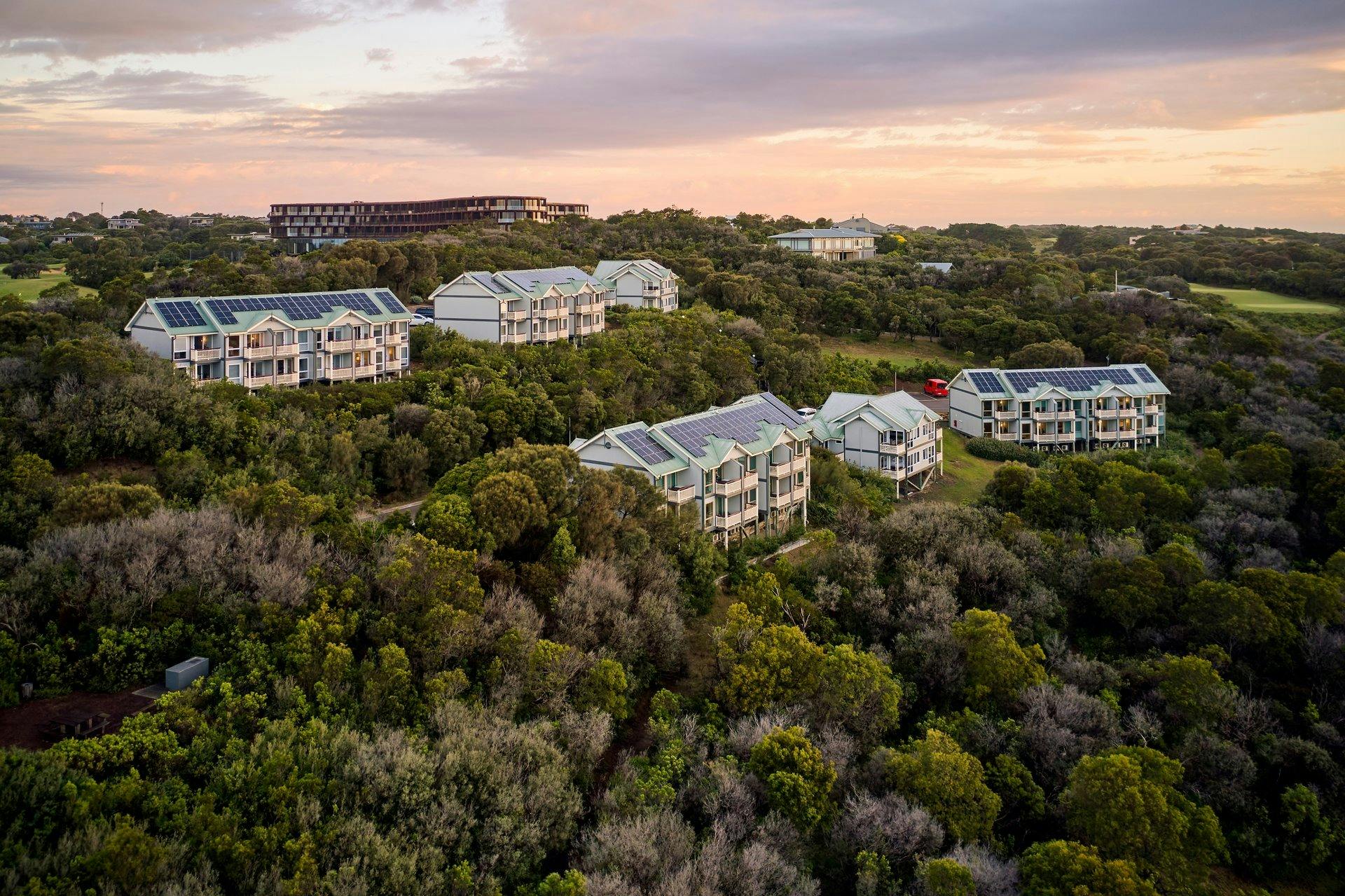 Drone shot of Ocean Villas with main building in the background