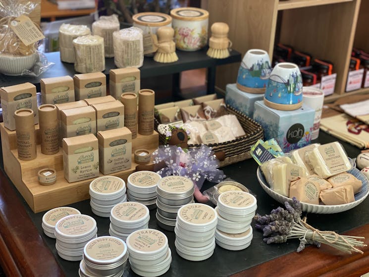 selection of soaps and gifts on table at Campbelltown Visitor Information Centre