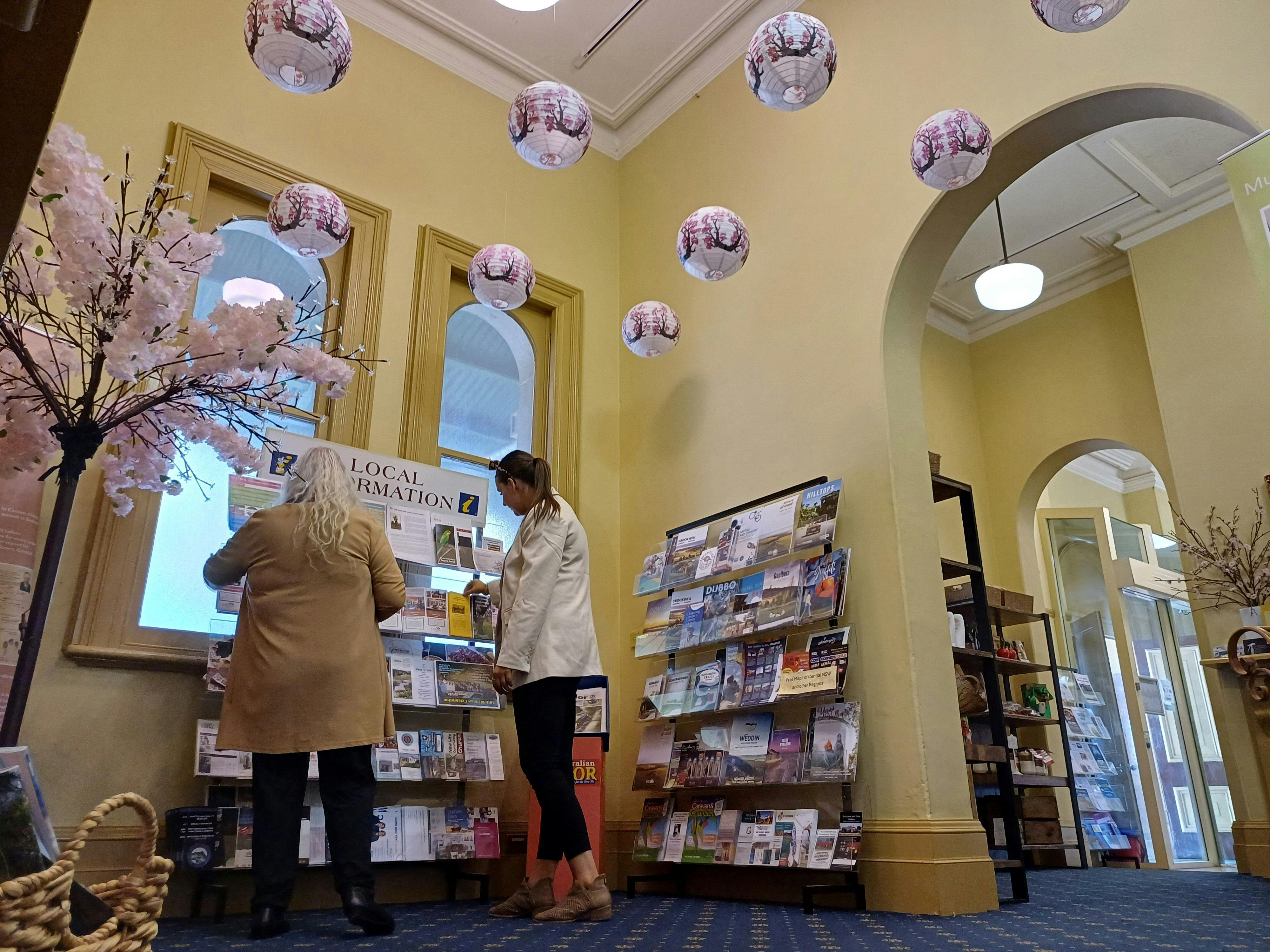 Image of the Chinese lanterns  and cherry blossom tree at the Visitor Information Centre