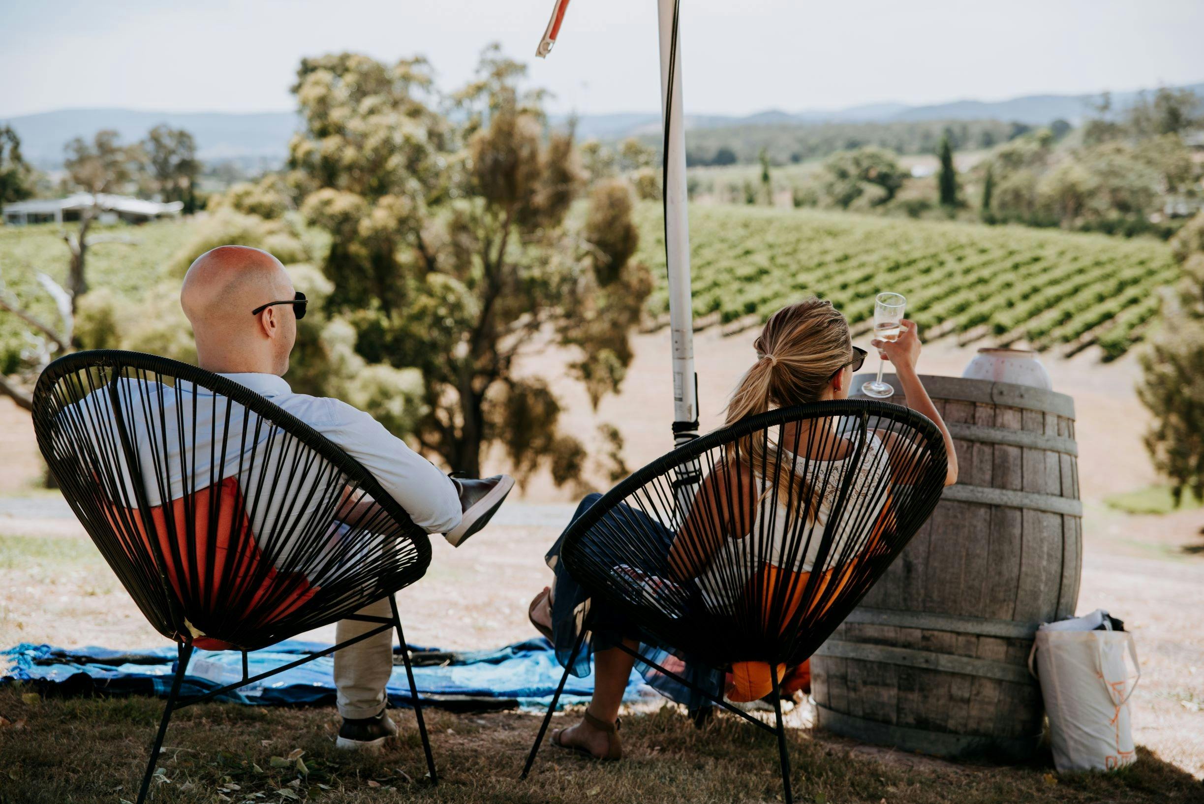 Yarra Valley Winery Tour relaxing in the shade with a glass of win looking over the vineyards