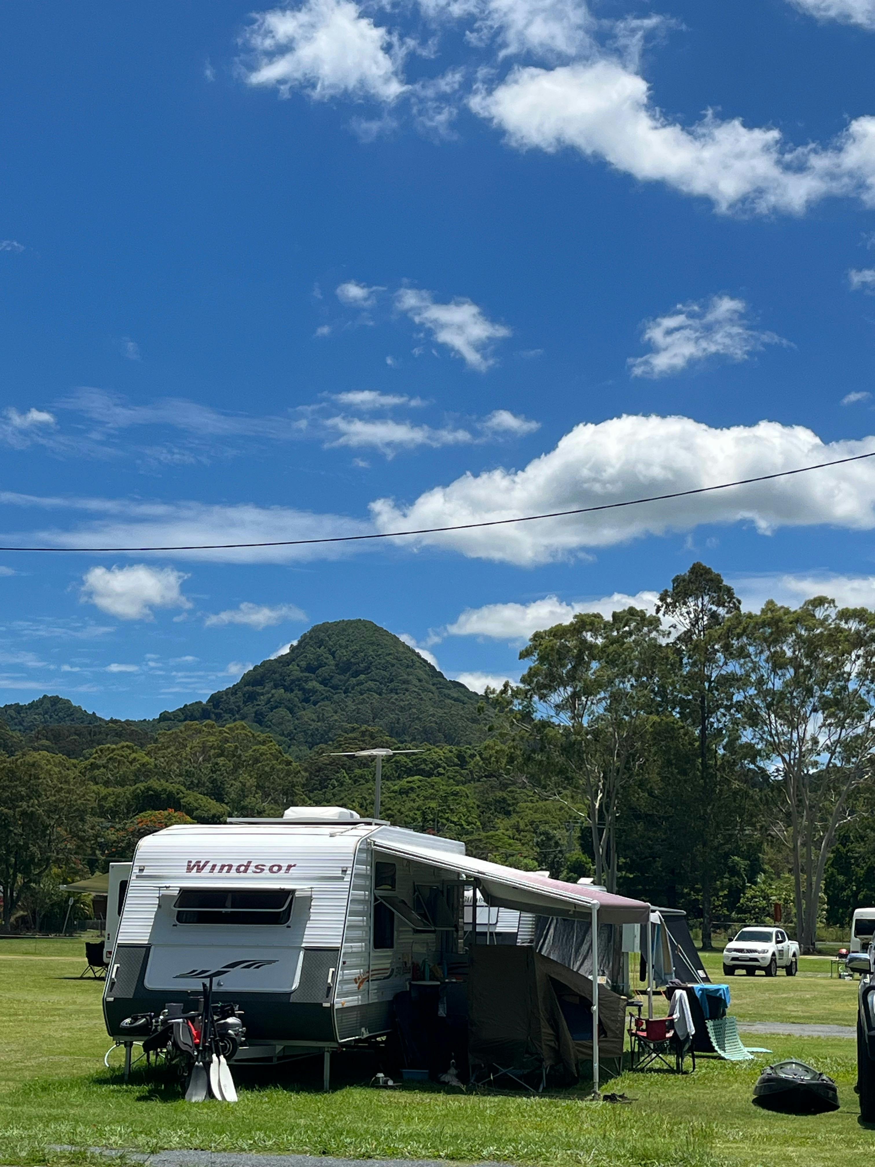 Caravan with annexe with Mt Chincogan in the background