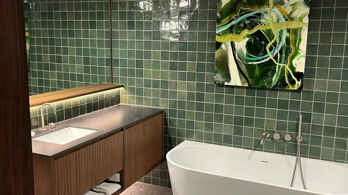 Large bathroom with stand alone bath, shower and large vanity space