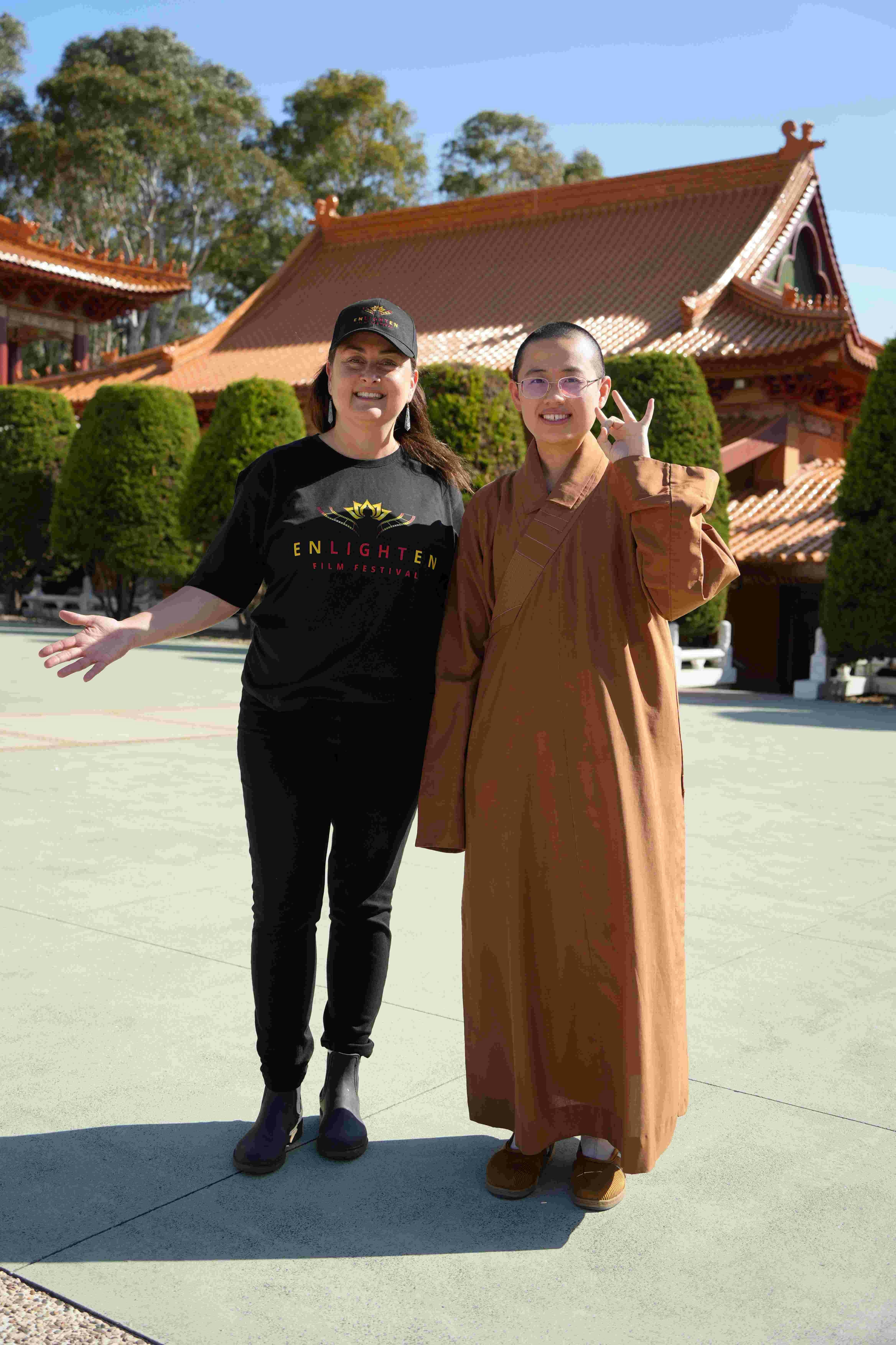 two women standing in the Nan Tien temple courtyard