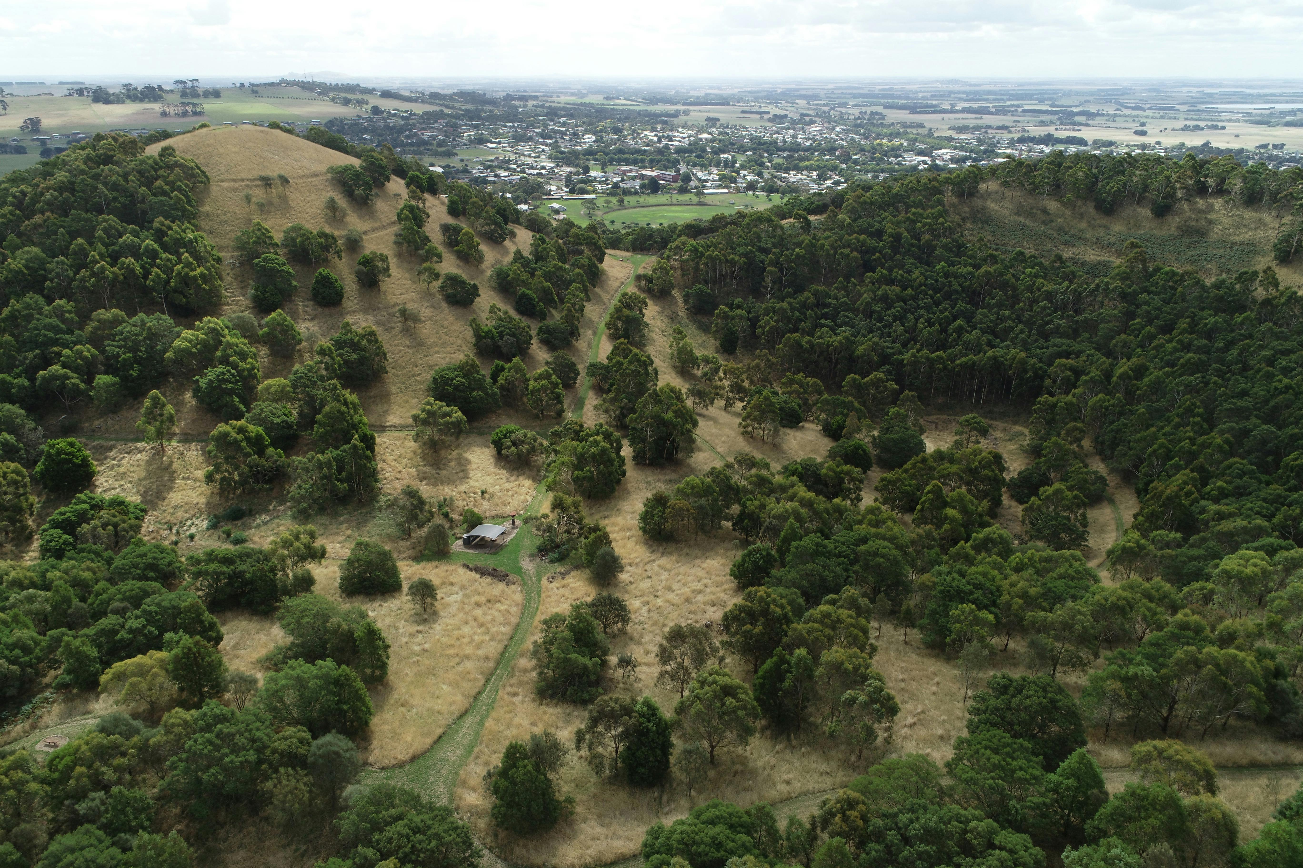Aerial view of walking trails and shelter