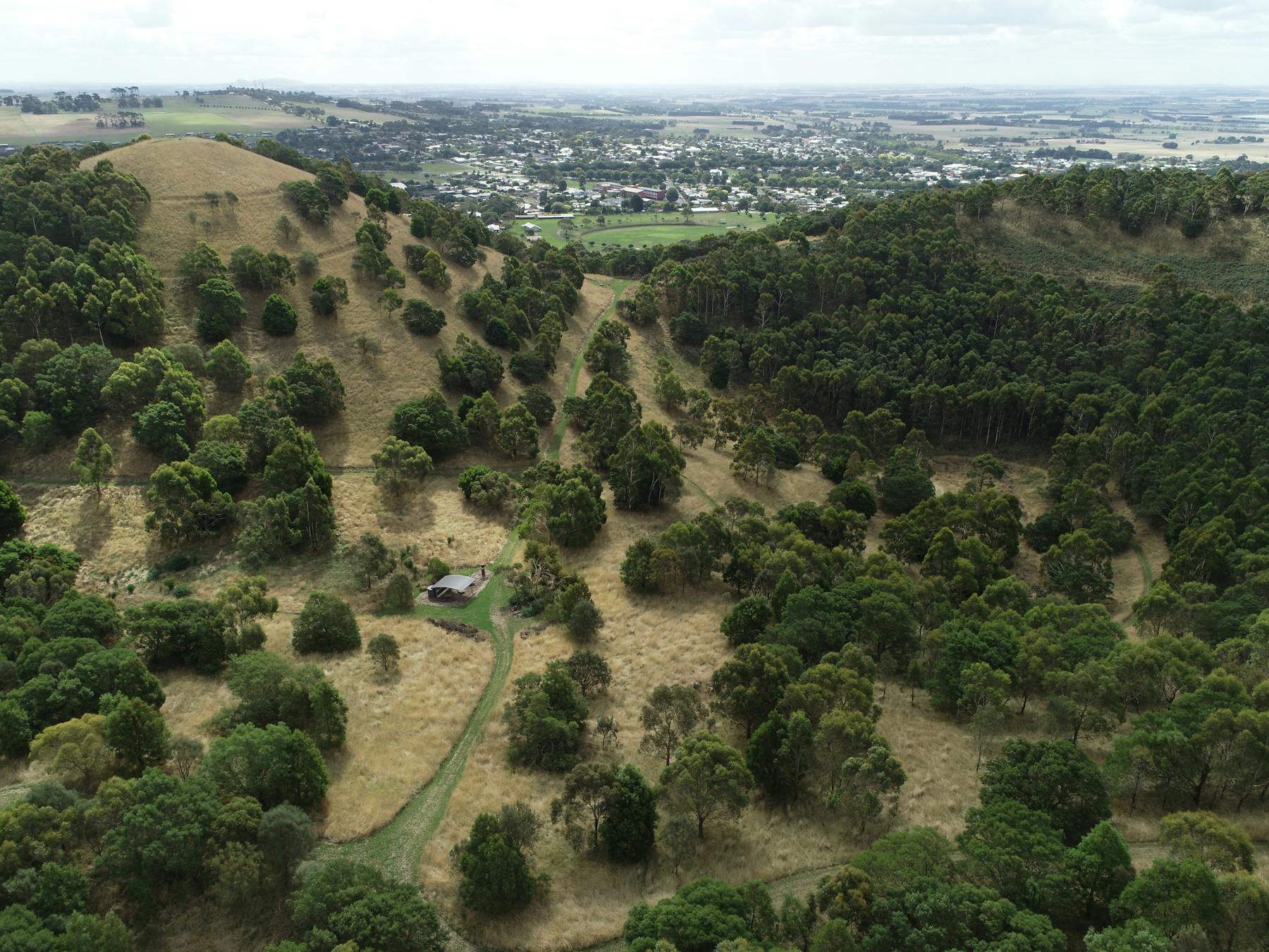 Aerial view of walking trails and shelter