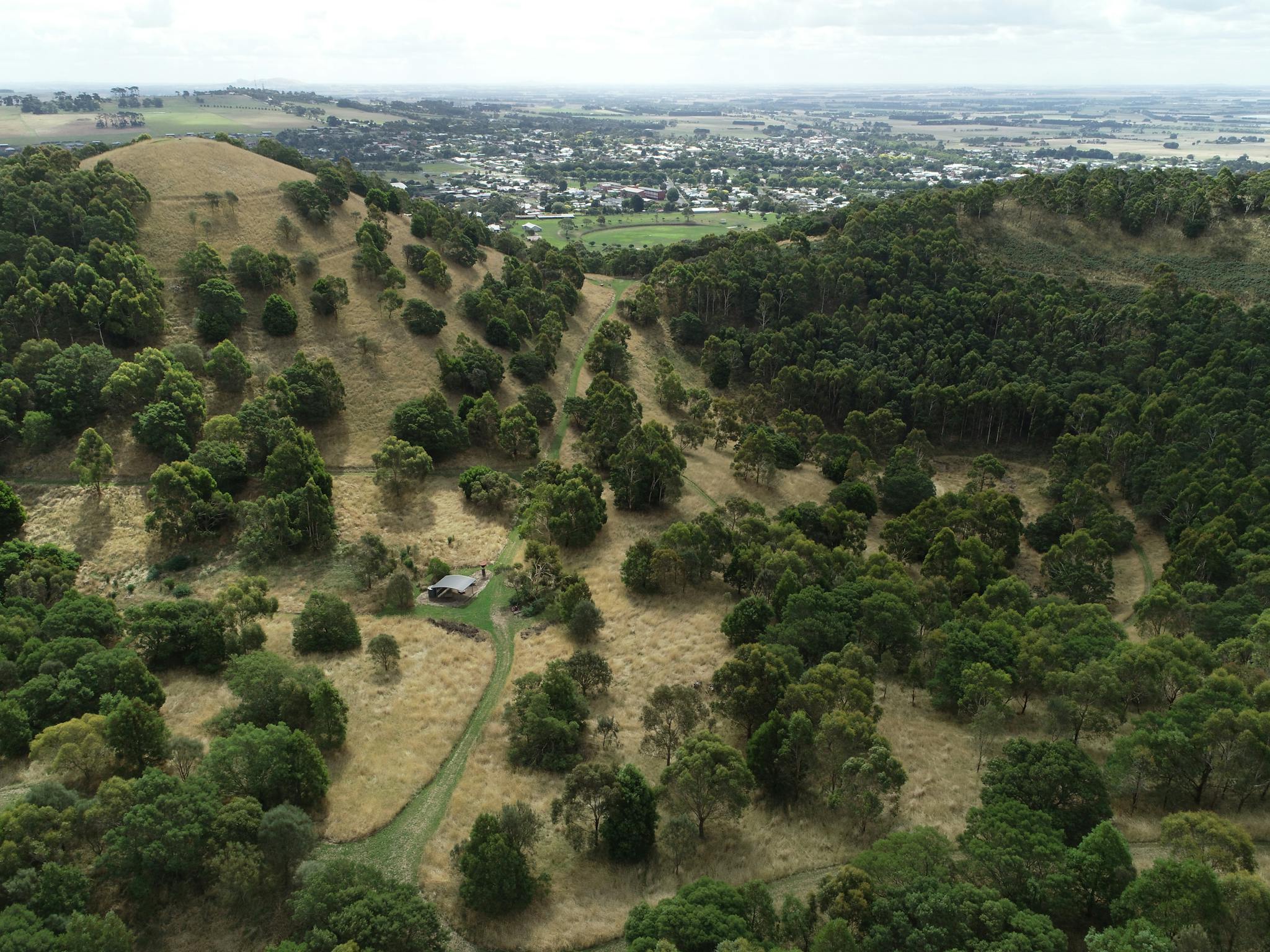 Aerial view of walking trails and shelter