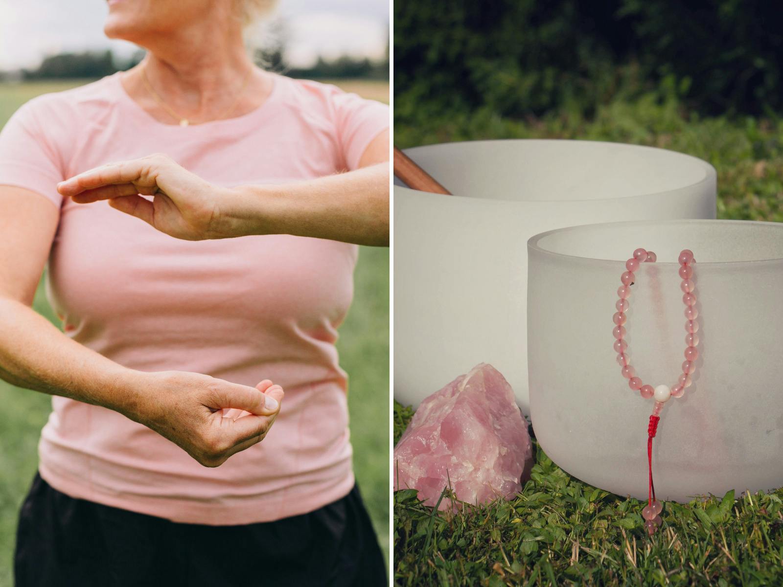 Woman doing chi kung energy exercises, a photo of crystal sound bowls and mala beads