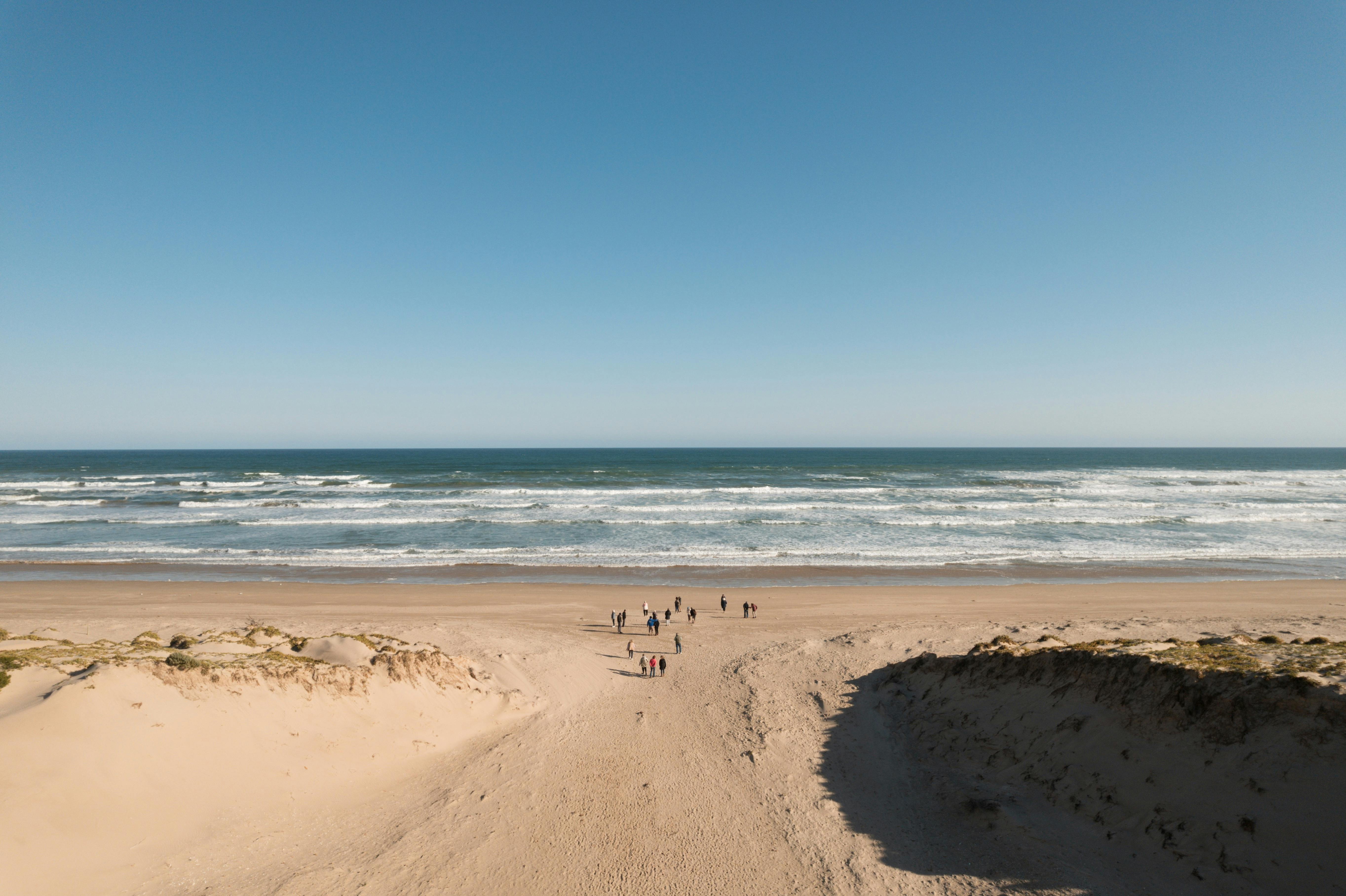 A group of people walks down sandy dunes towards the ocean under a clear blue sky.