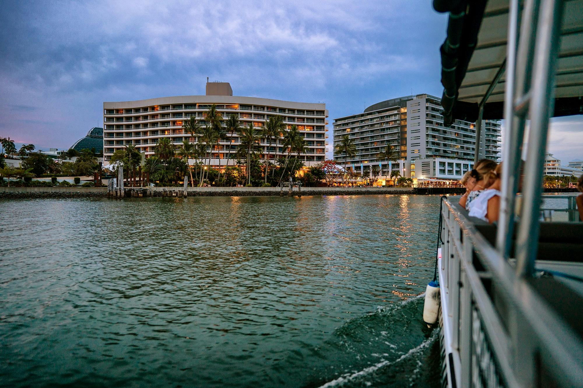 Photo taken from the Cairns River Cruise Boat of the Cairns Waterfront Skyline