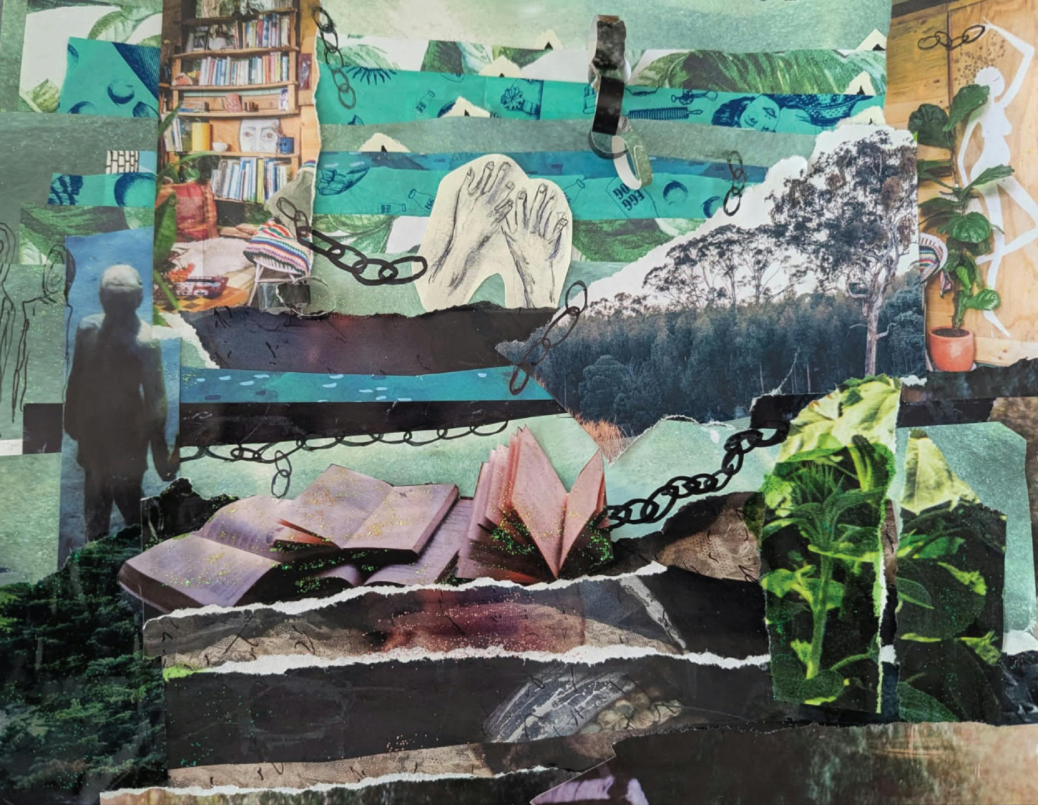 Collage made from magazine images and drawings. Trees, books
