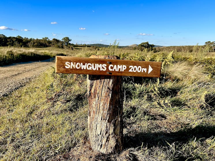Rustic timber signpost in grassy field next to dirt road, reads 'Snowgums Camp 200m'. Blue sky.