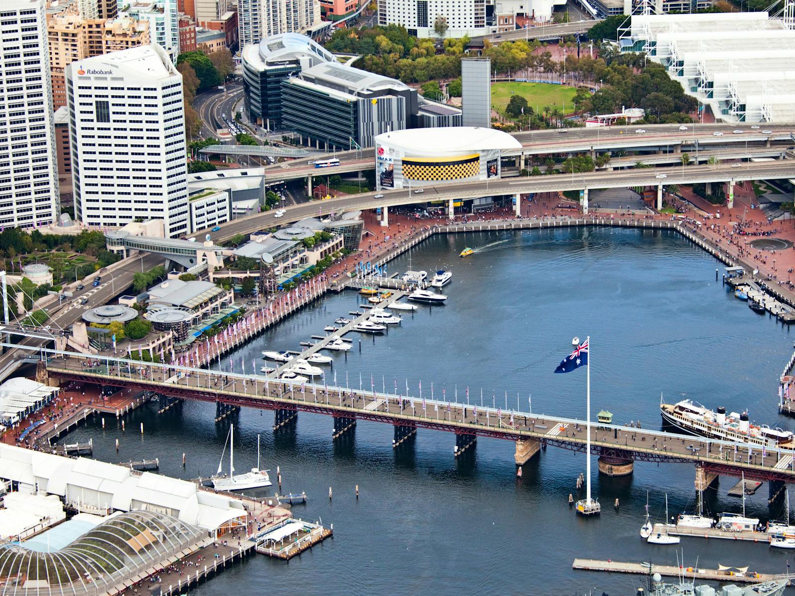 Aerial of Darling Harbour in the afternoon
