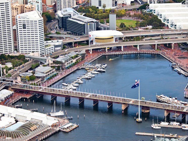 Aerial of Darling Harbour in the afternoon