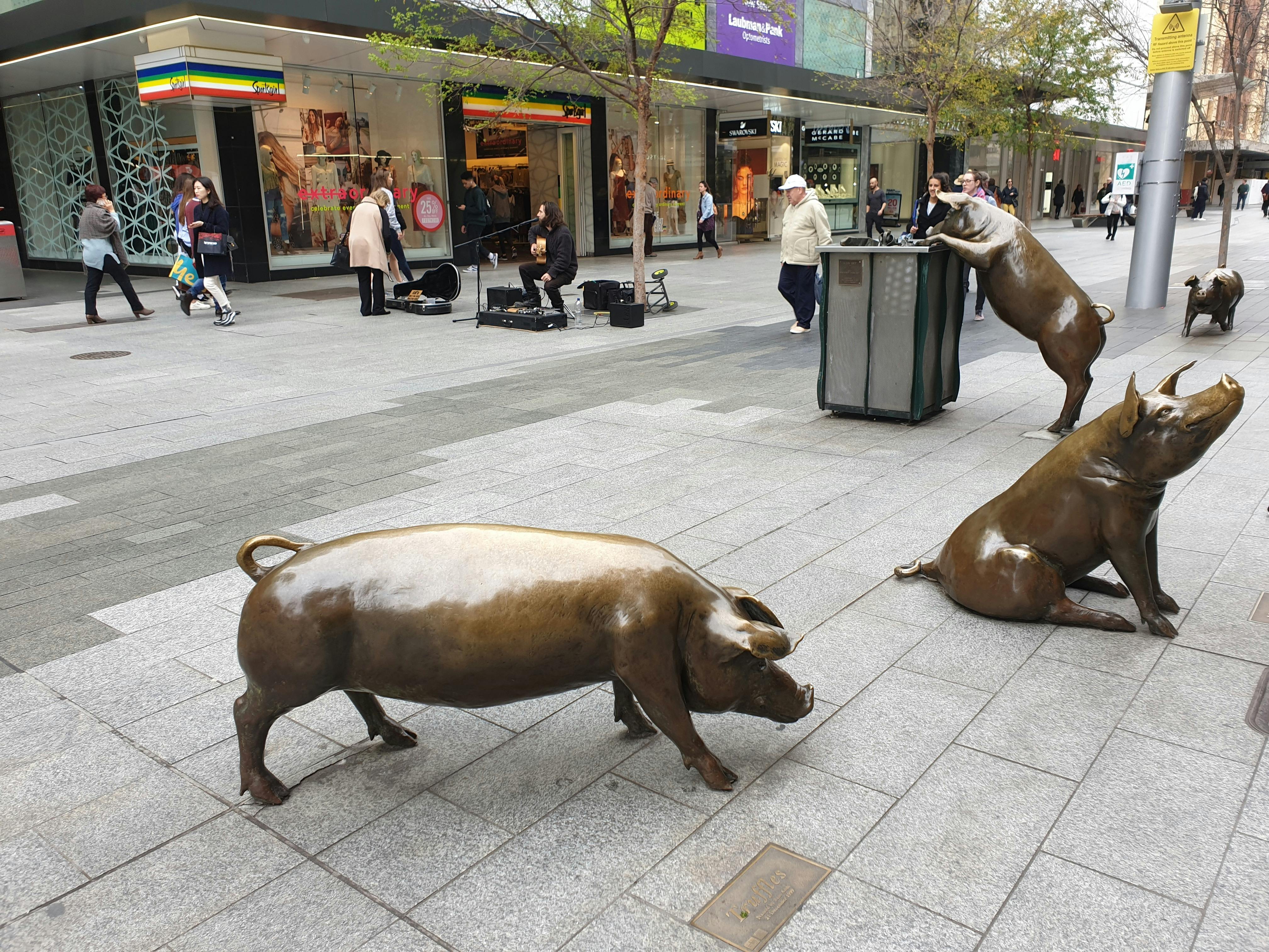 Bronze pigs stand out in Rundle Mall, one sniffing and another reaching for a bin.