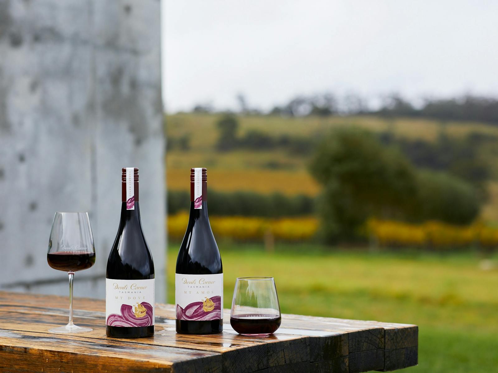 2 bottles of wine and glasses sitting on an outdoor table with autumn vineyards behind