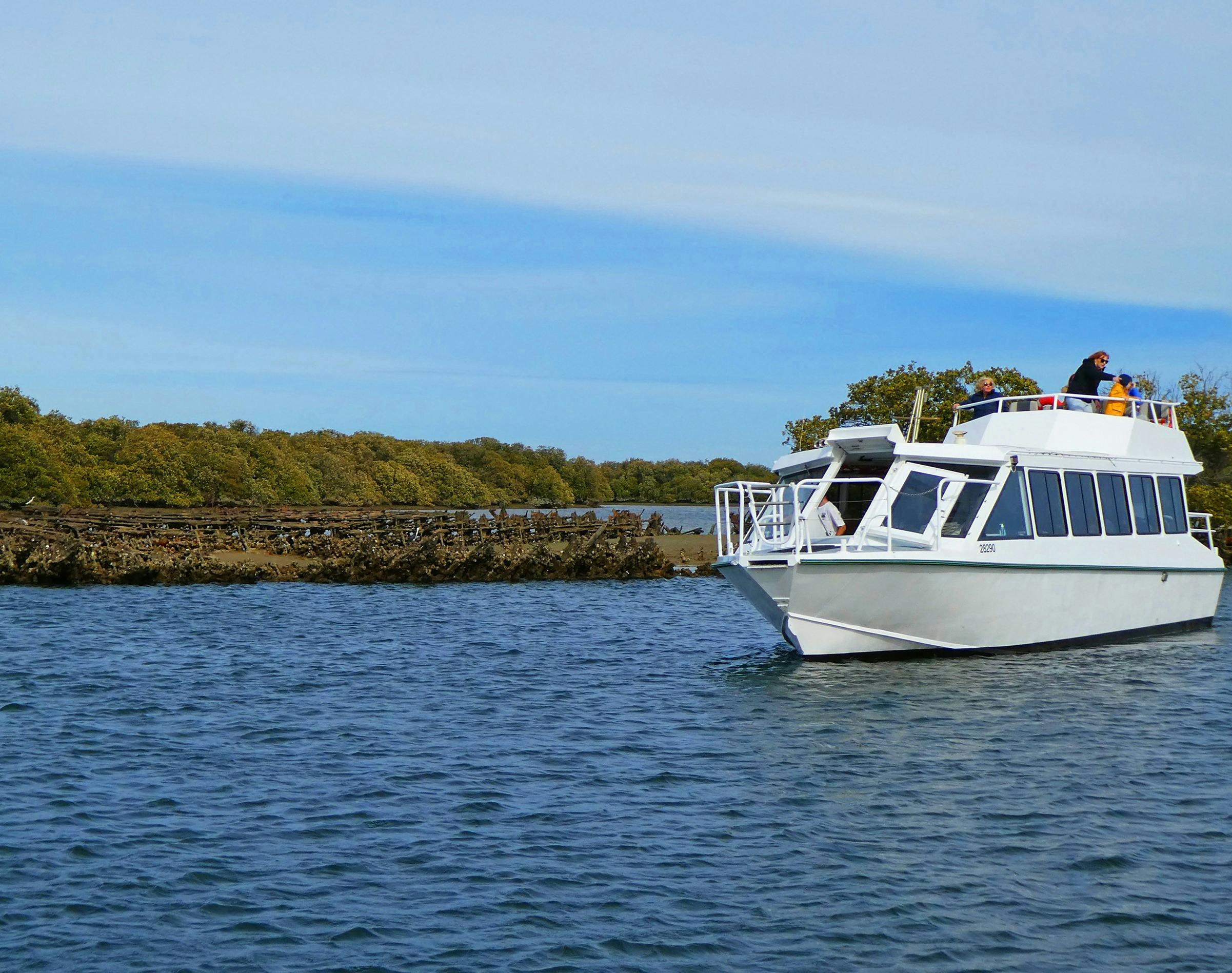The 32-Seater floats along a semi-sunken vessel