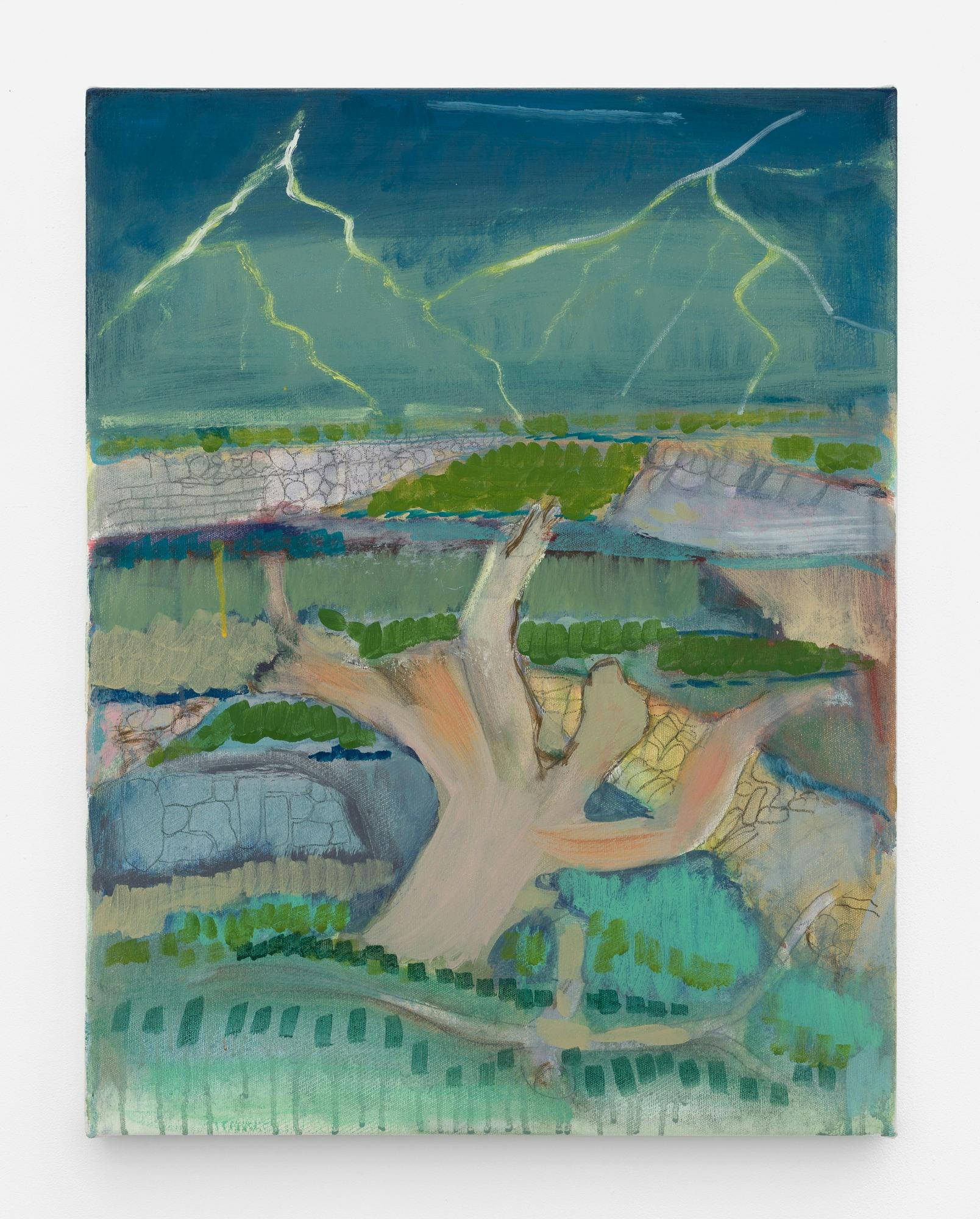 Painted image of a tree in stormy landscape