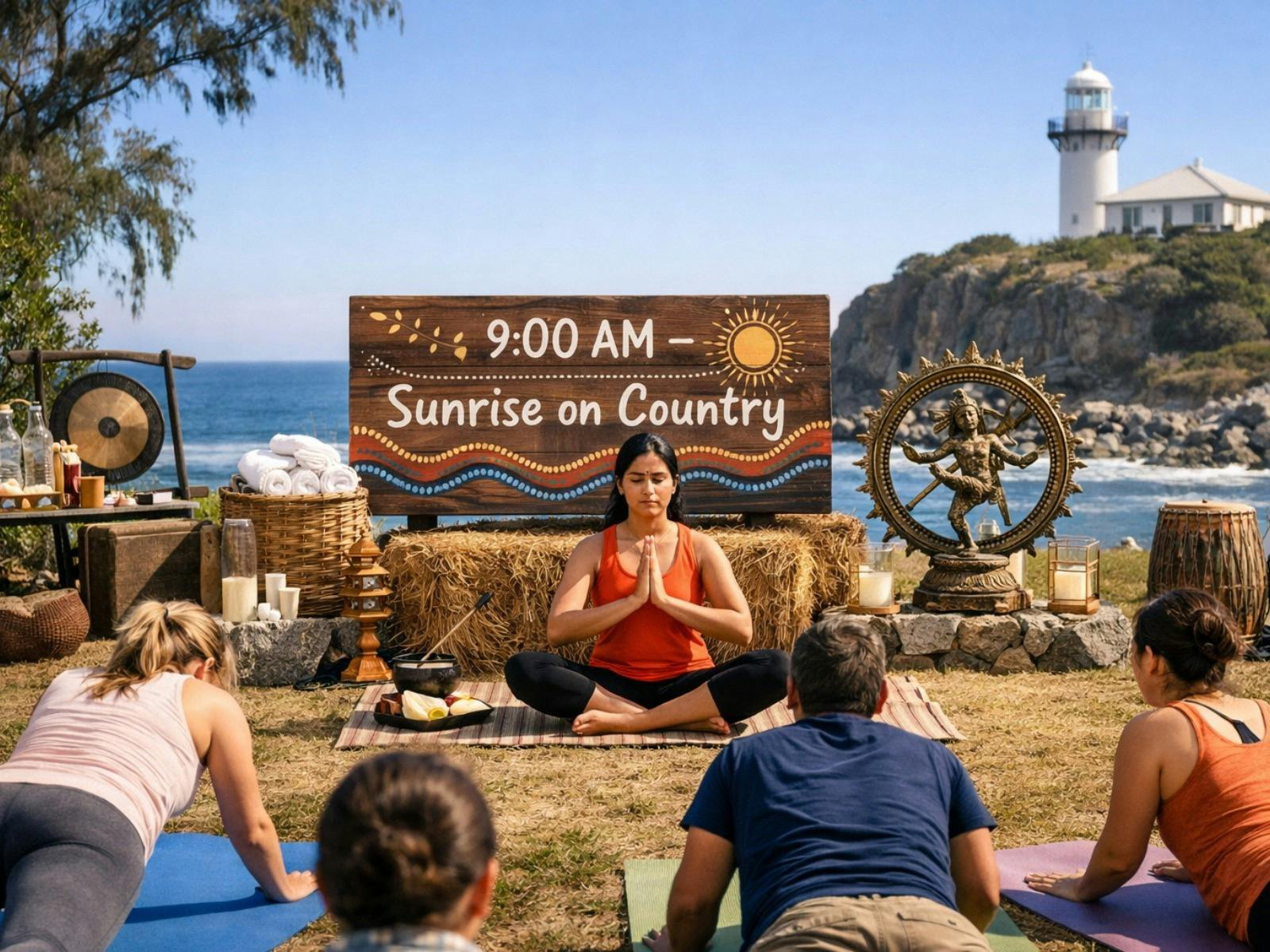 Yoga session marking the beginning of Day 2 event with a perfect backdrop of the coast.