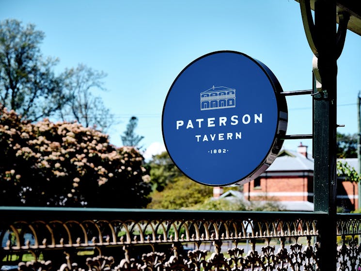 Paterson Tavern sign on wrought iron verandah