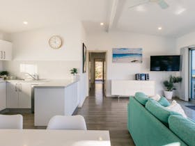 Beachside has an open plan living area with a full kitchen, dining and large, comfy lounge with view