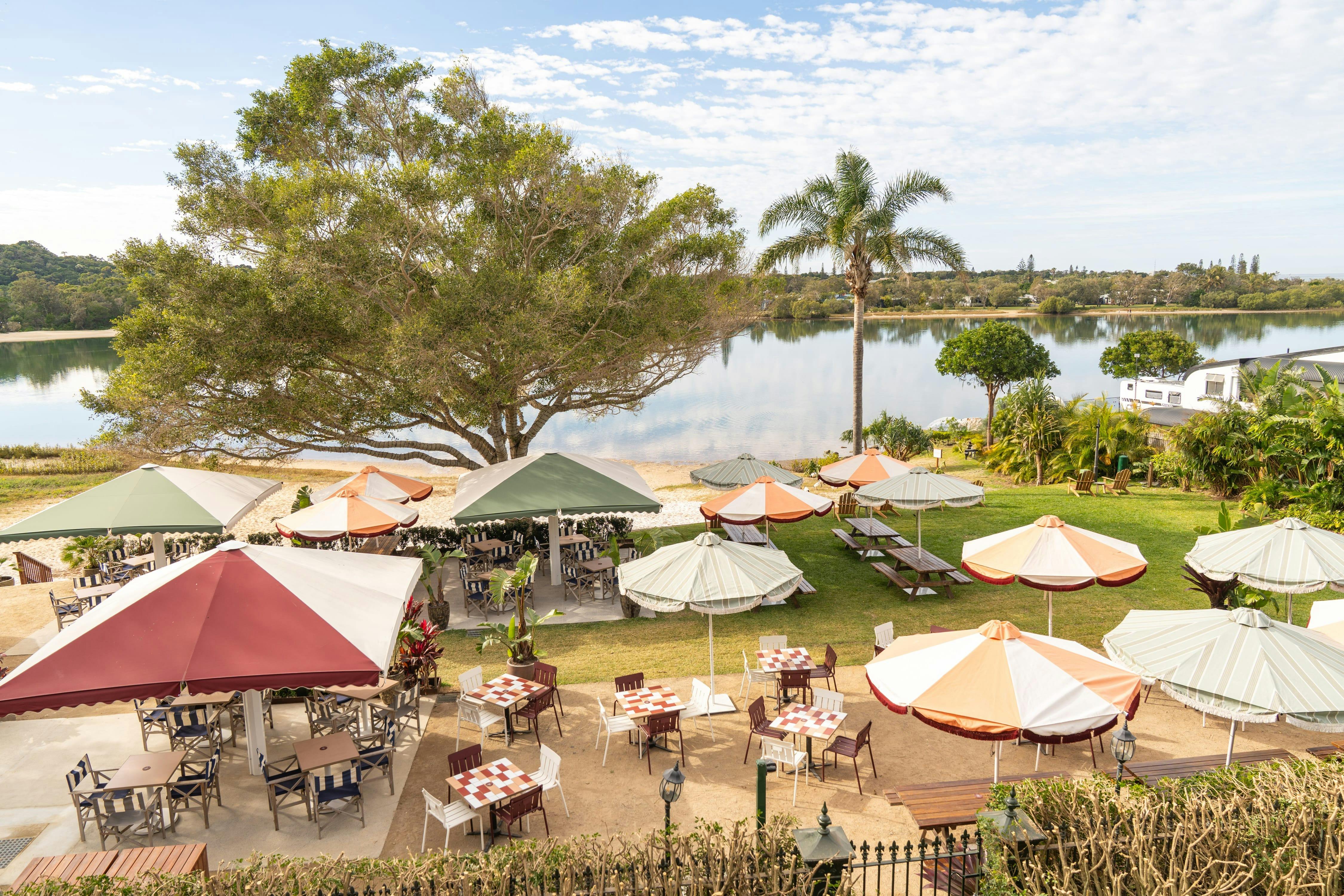aerial shot of outdoor dining on the bay