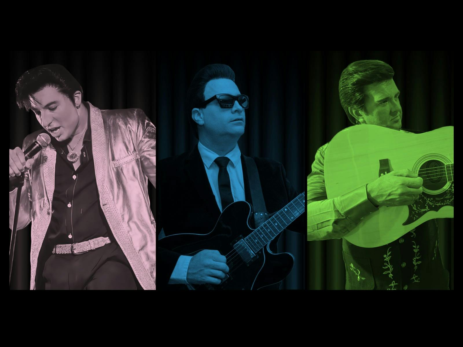 Three men in varying outfits stand in front of a black background