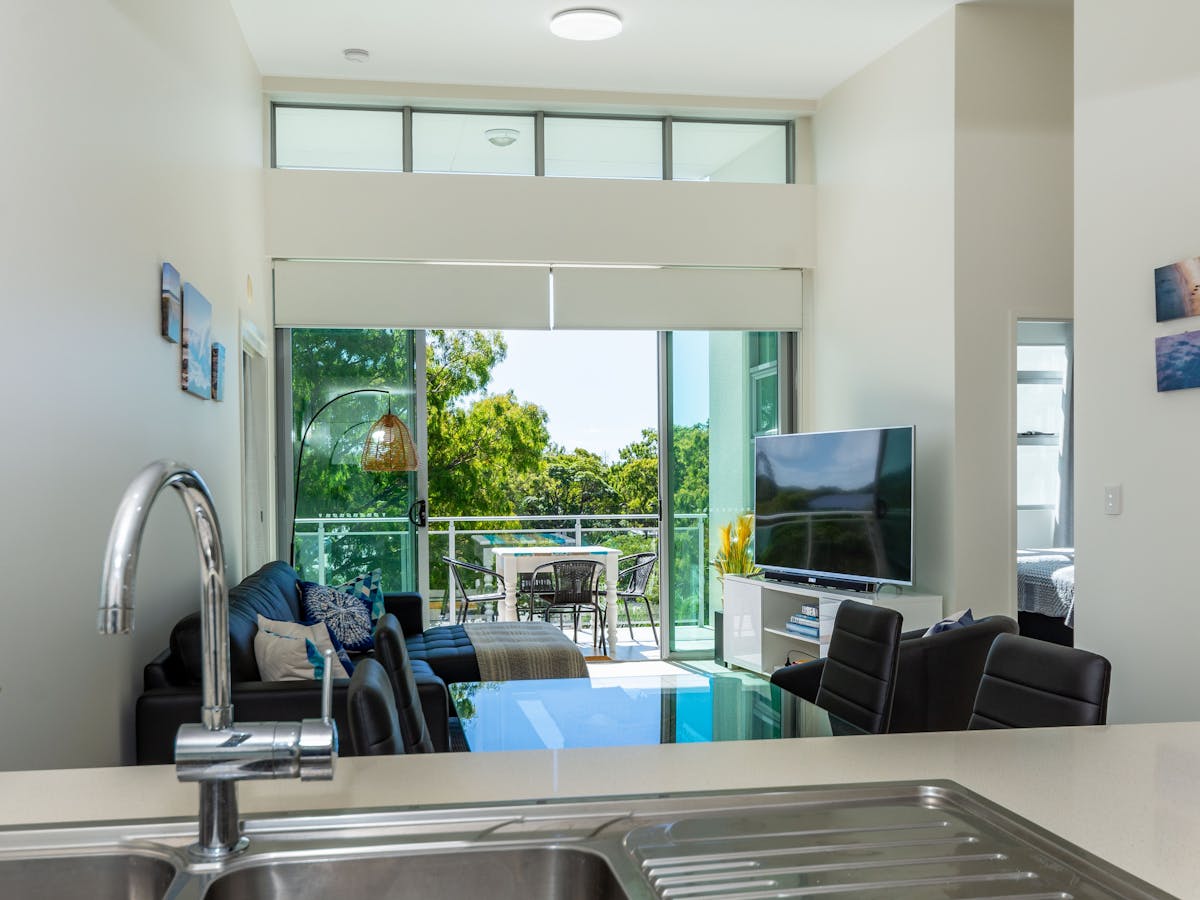Kitchen overlooking lounge and balcony Kitchen overlooking lounge and balcony