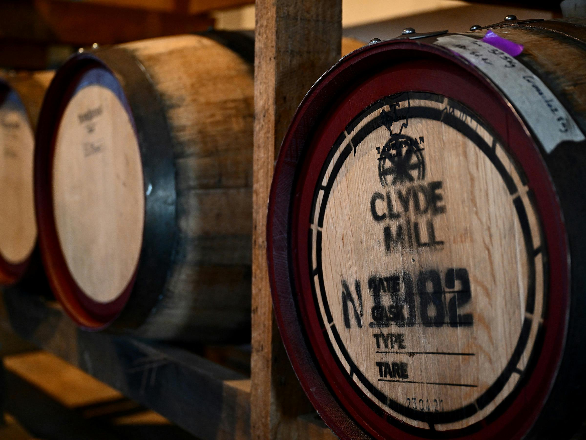 Clyde Mill whisky barrel marked with cask details.