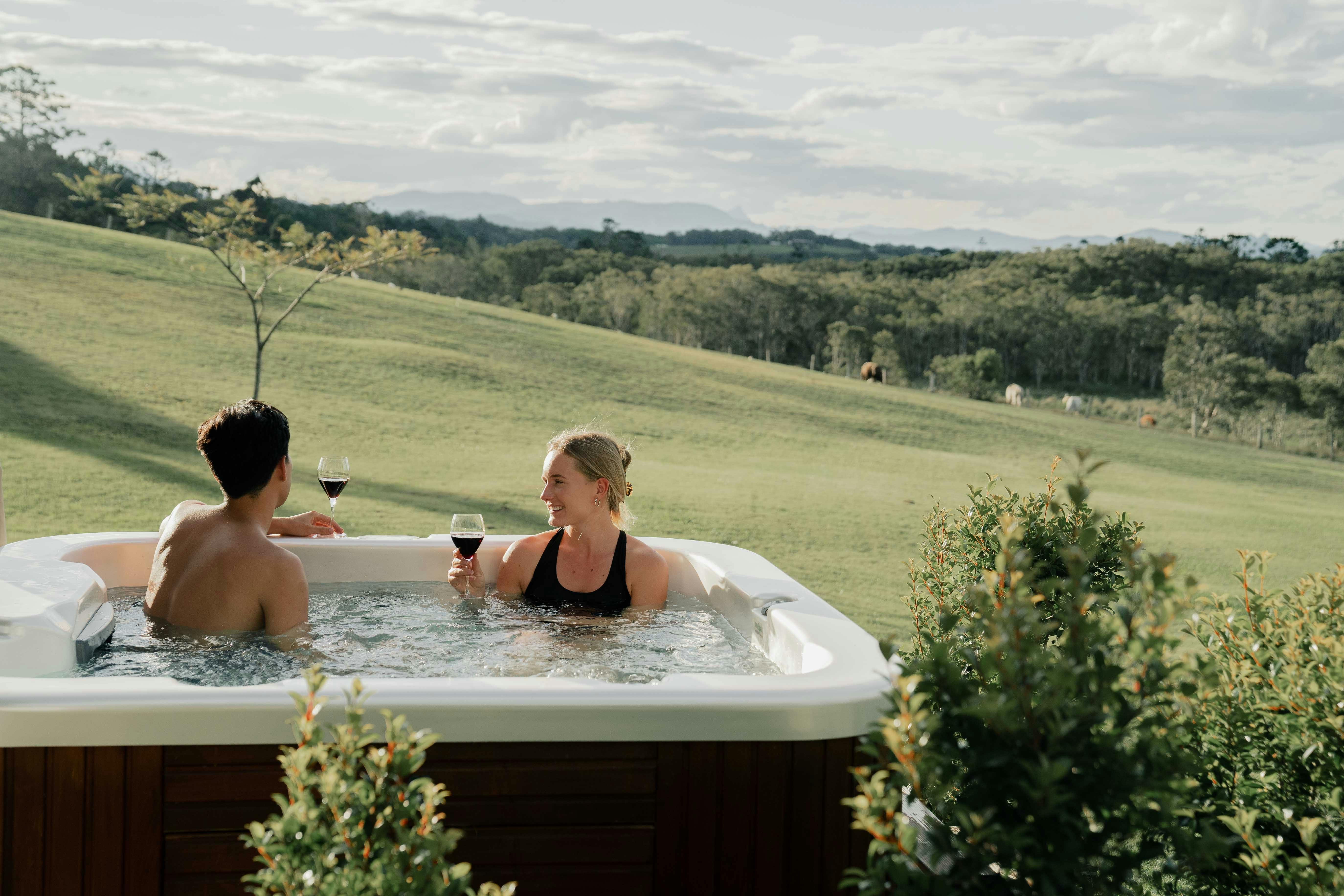 hot tub with hinterland view