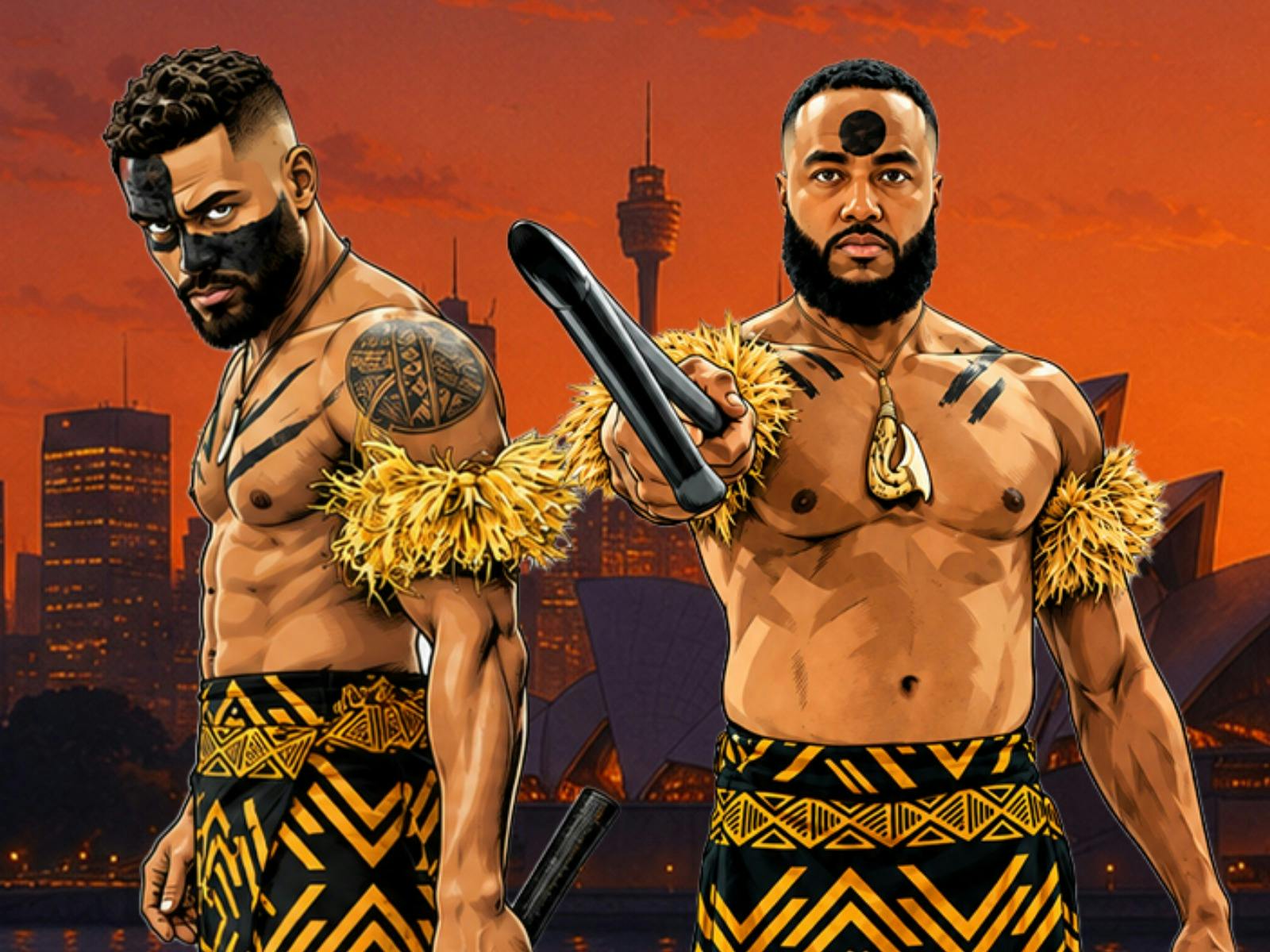 Two of the Fijian Perfomers from INISDE OUT in native attire and body markings.