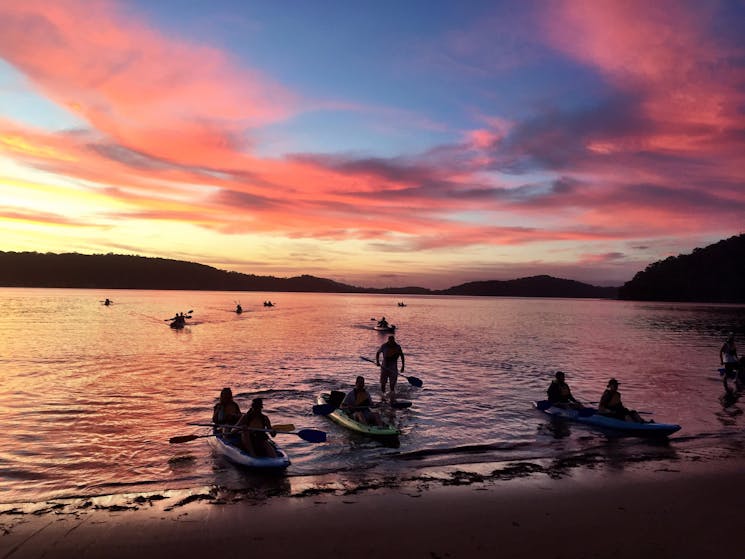 Kayaking to Currawong Beach on Pittwater on a sunrise tour.