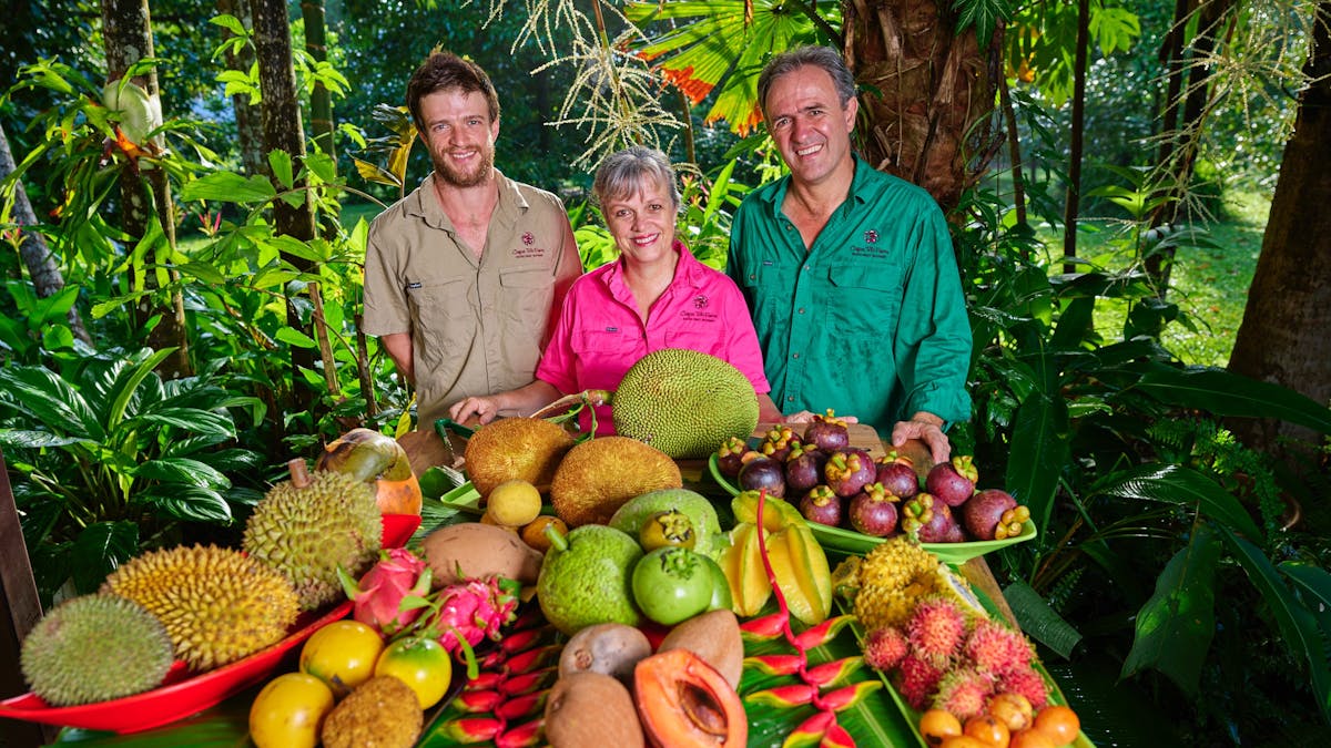 The Blockey Family with exotic fruit at Cape Trib Farm