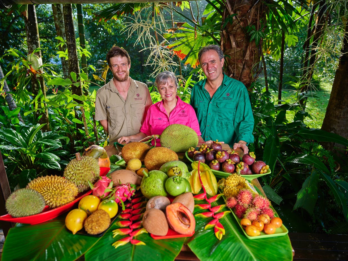 The Blockey Family with exotic fruit at Cape Trib Farm