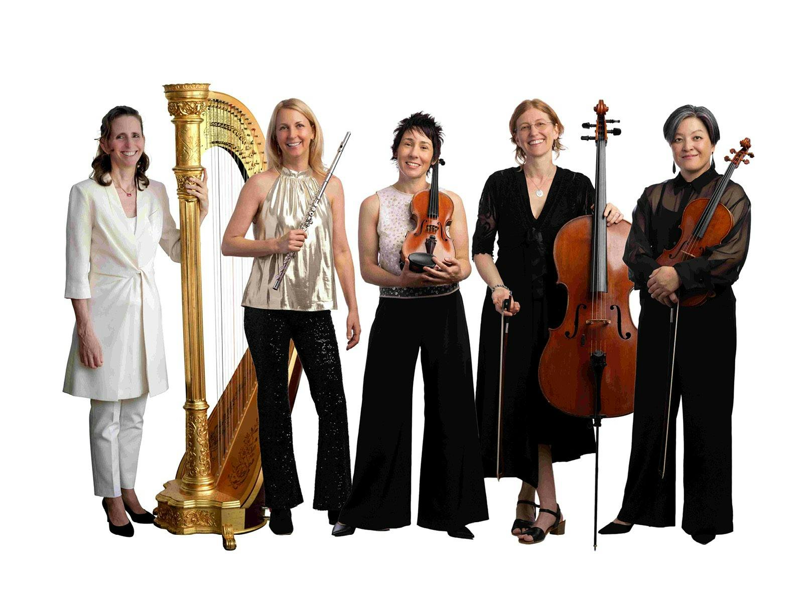 5 smiling ladies, holding their instruments, including harp, flute, violin, viola and cello