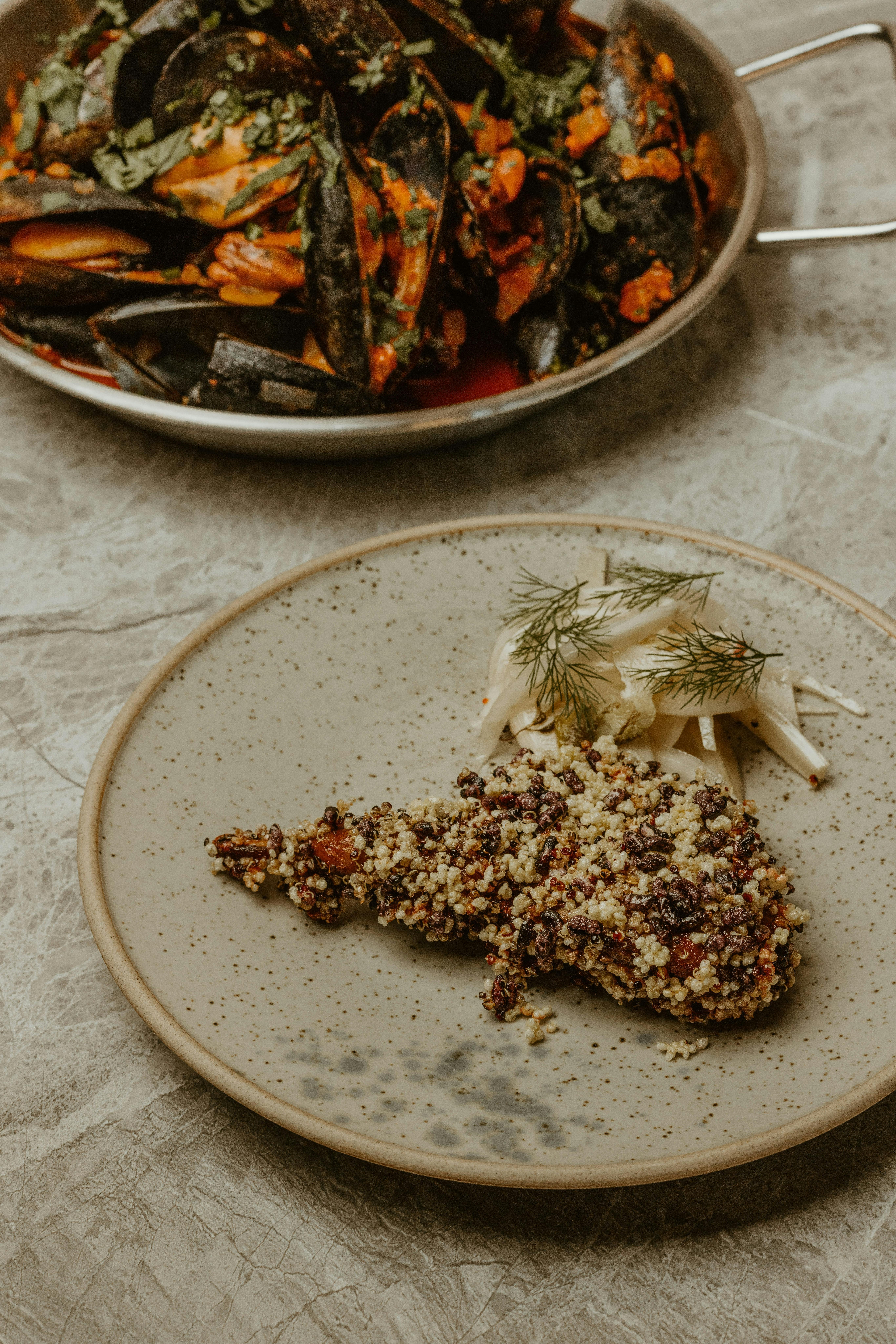 twice cooked quail, puffed grains, pickle fennel