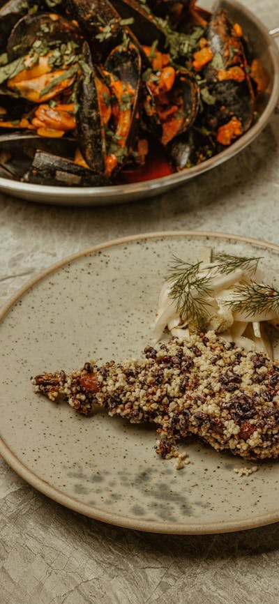 twice cooked quail, puffed grains, pickle fennel